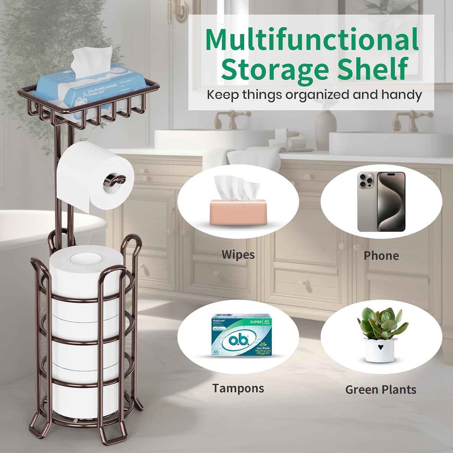 TomCare Toilet Paper Holder Free Standing with Shelf, Stable 4 Raised Feet | Stores 4 Mega Rolls, Tool-Free Assembly