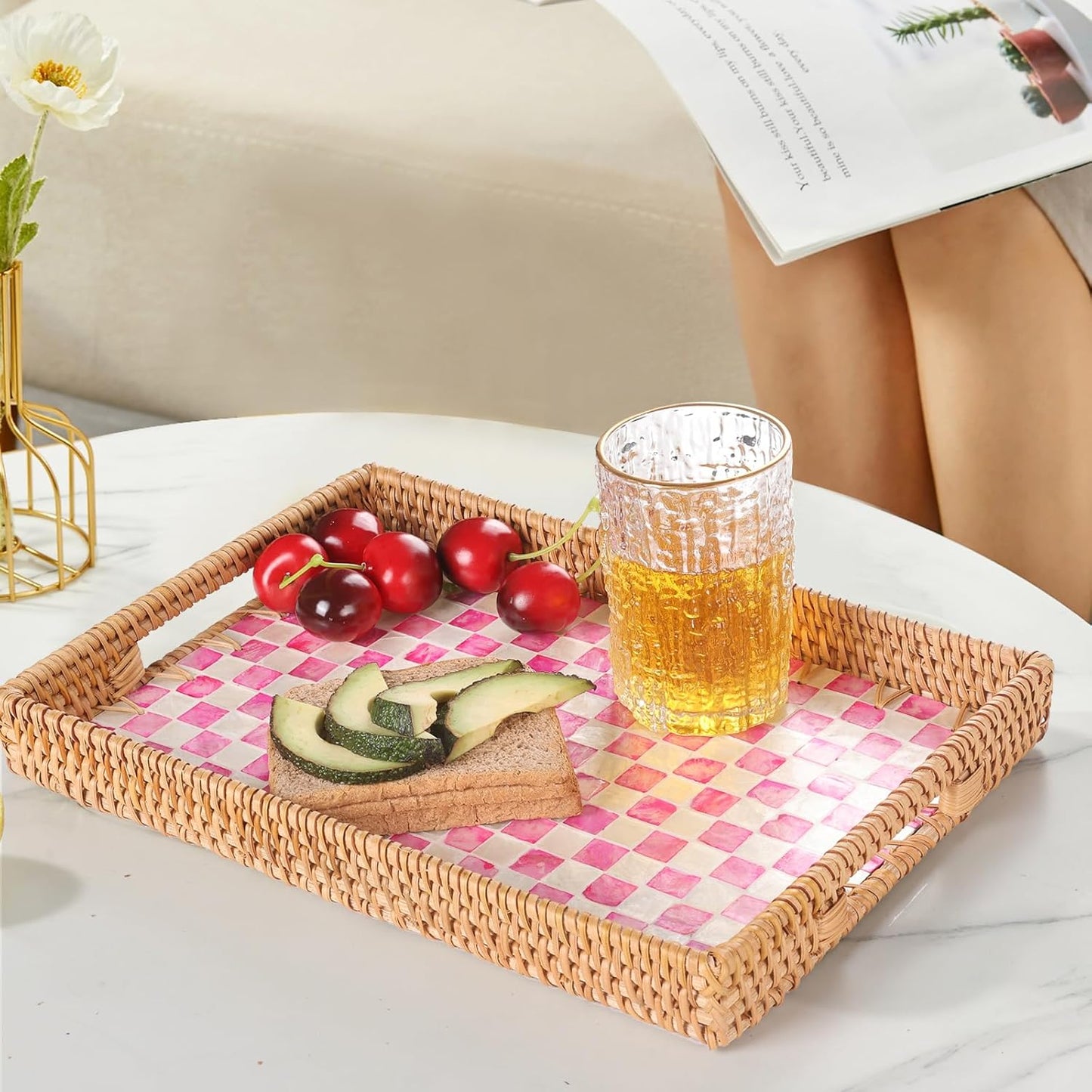 Rattan Serving Tray / Pink Checkerboard
