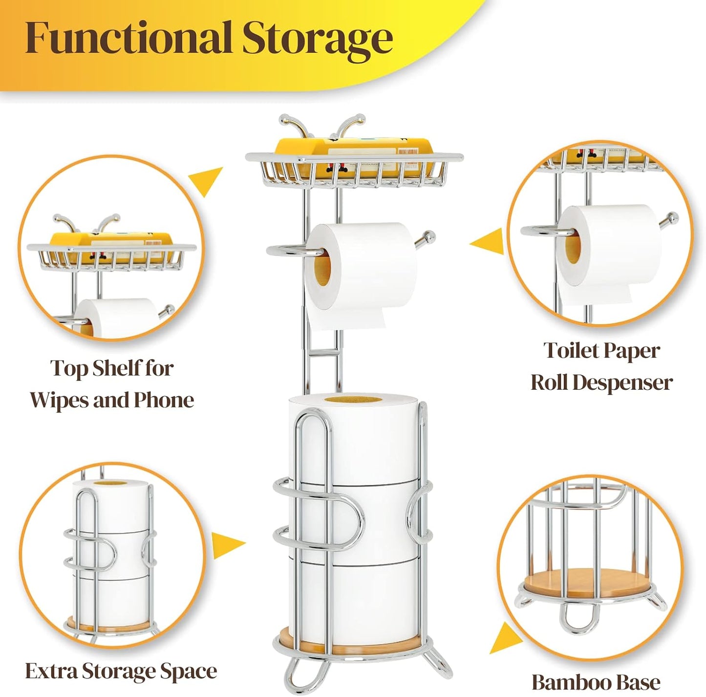 Toilet Paper Holder Stand, Free Standing Tissue Roll Storage Rack with Shelf for Bathroom, Chrome