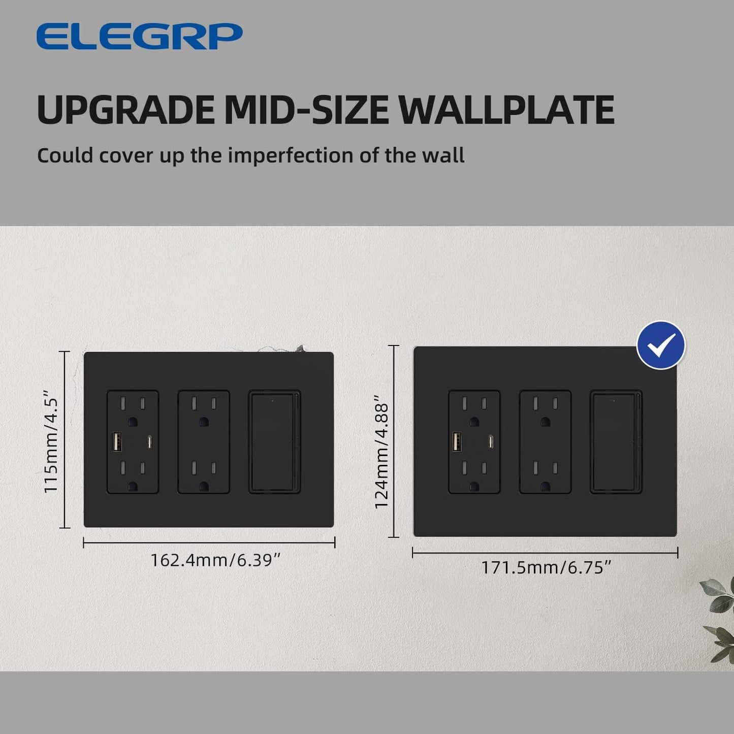 ELEGRP 3-Gang Screwless Decorative Wall Plates, Mid-Size Unbreakable Thermoplastic Faceplate Cover for Decorator