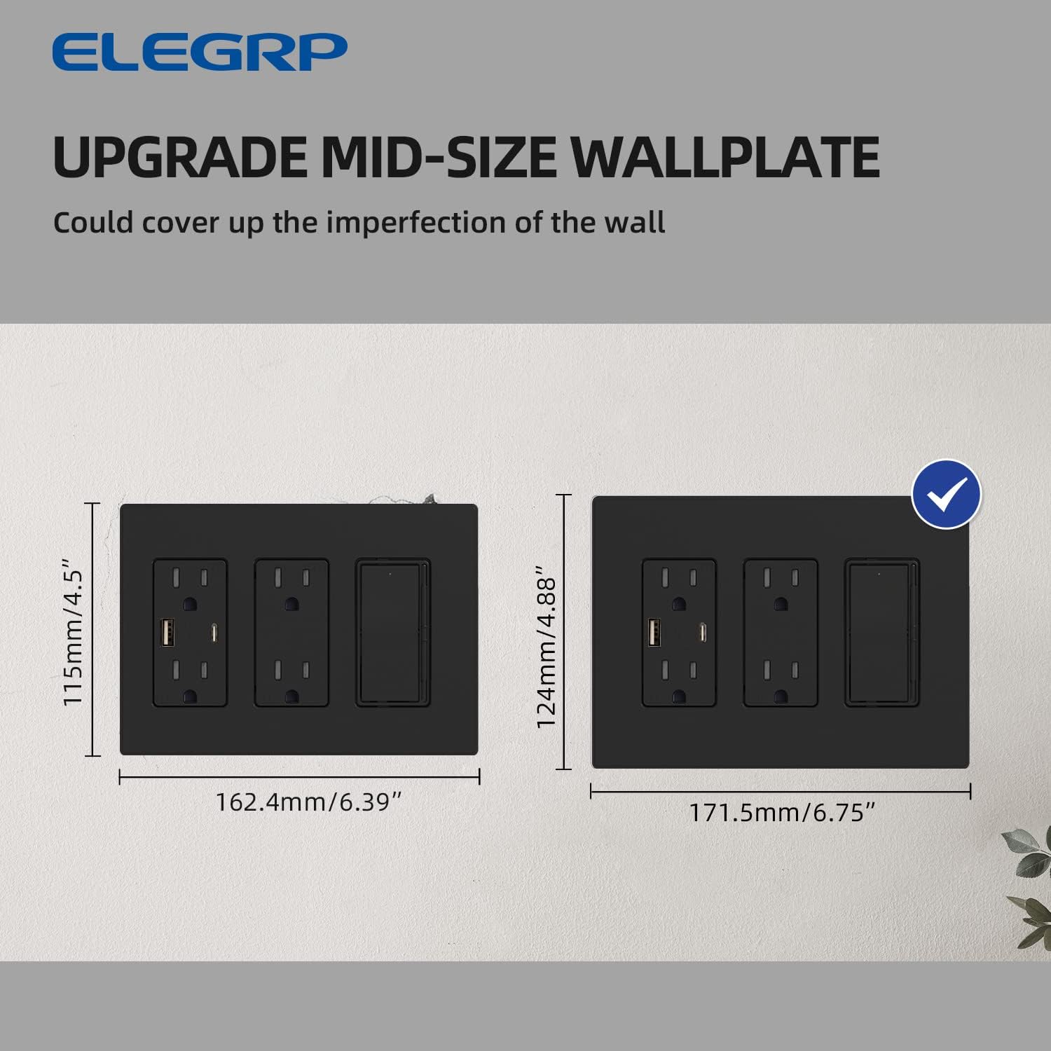 ELEGRP 3-Gang Screwless Decorative Wall Plates, Mid-Size Unbreakable Thermoplastic Faceplate Cover for Decorator