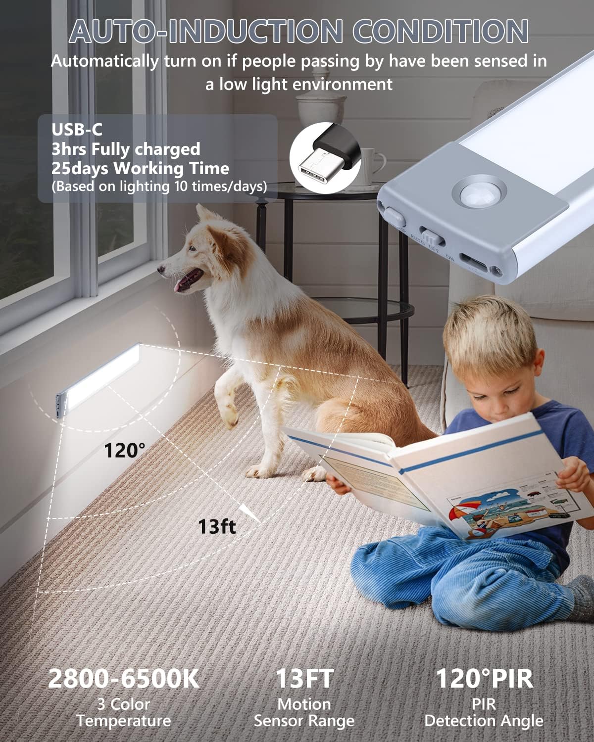 PRIORARE Motion Sensor Under Cabinet Lighting 3 Color Temperatures, 60-LED Wireless Closet Light, USB-C Rechargeable