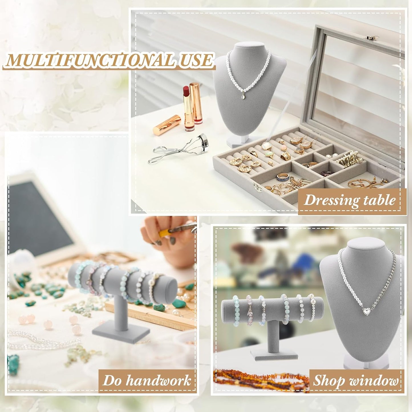 Jewelry Display Set Necklace Display Stand T Bar Bracelet Holder Jewelry / Gray / Velvet / Set of 6