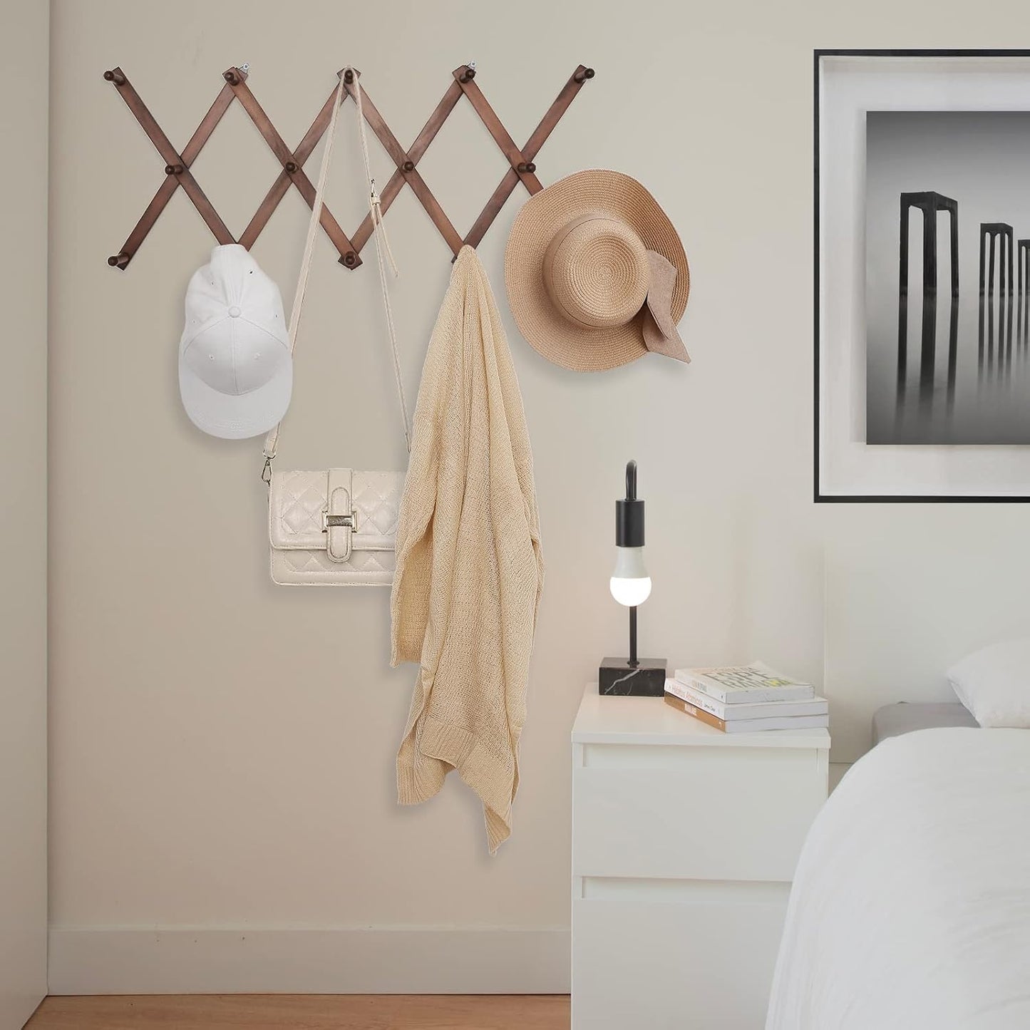 SCUNDA 16 inch High Accordion Wall Hanger with 14 Hooks, Wooden Wall Expandable Coat Rack for Coat, Hats, Baseball