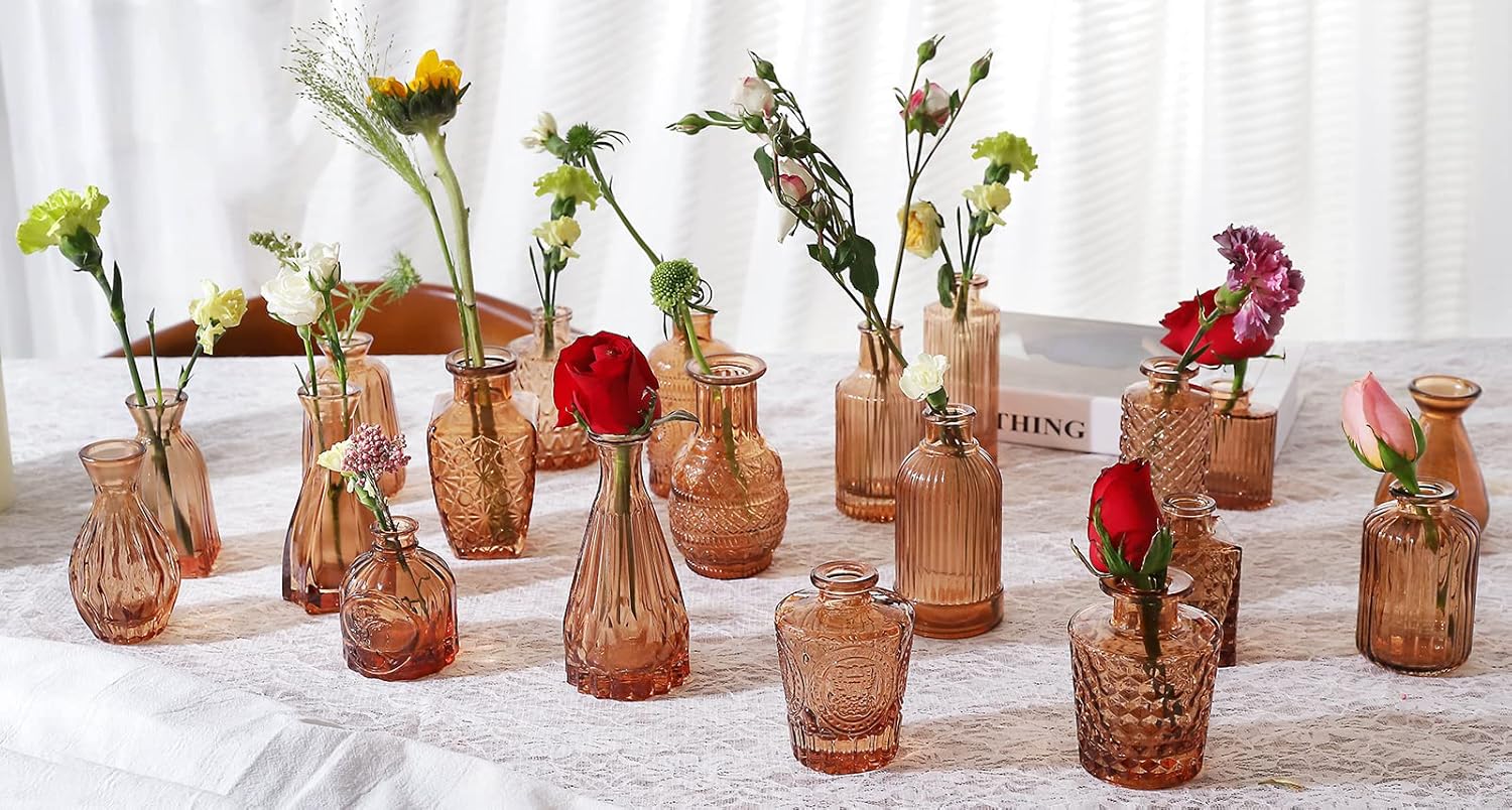 Amber Glass Bud Vases / Brown 20 / Set of 20