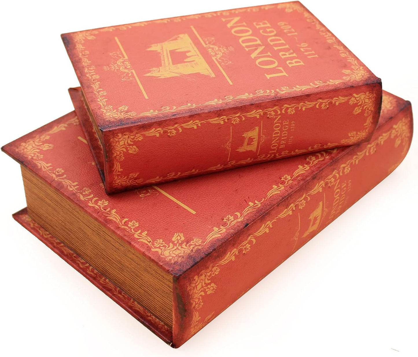 Decorative Book Box Antique Wooden Realistic Faux Wood Storage Set / London Bridge / Set of 2