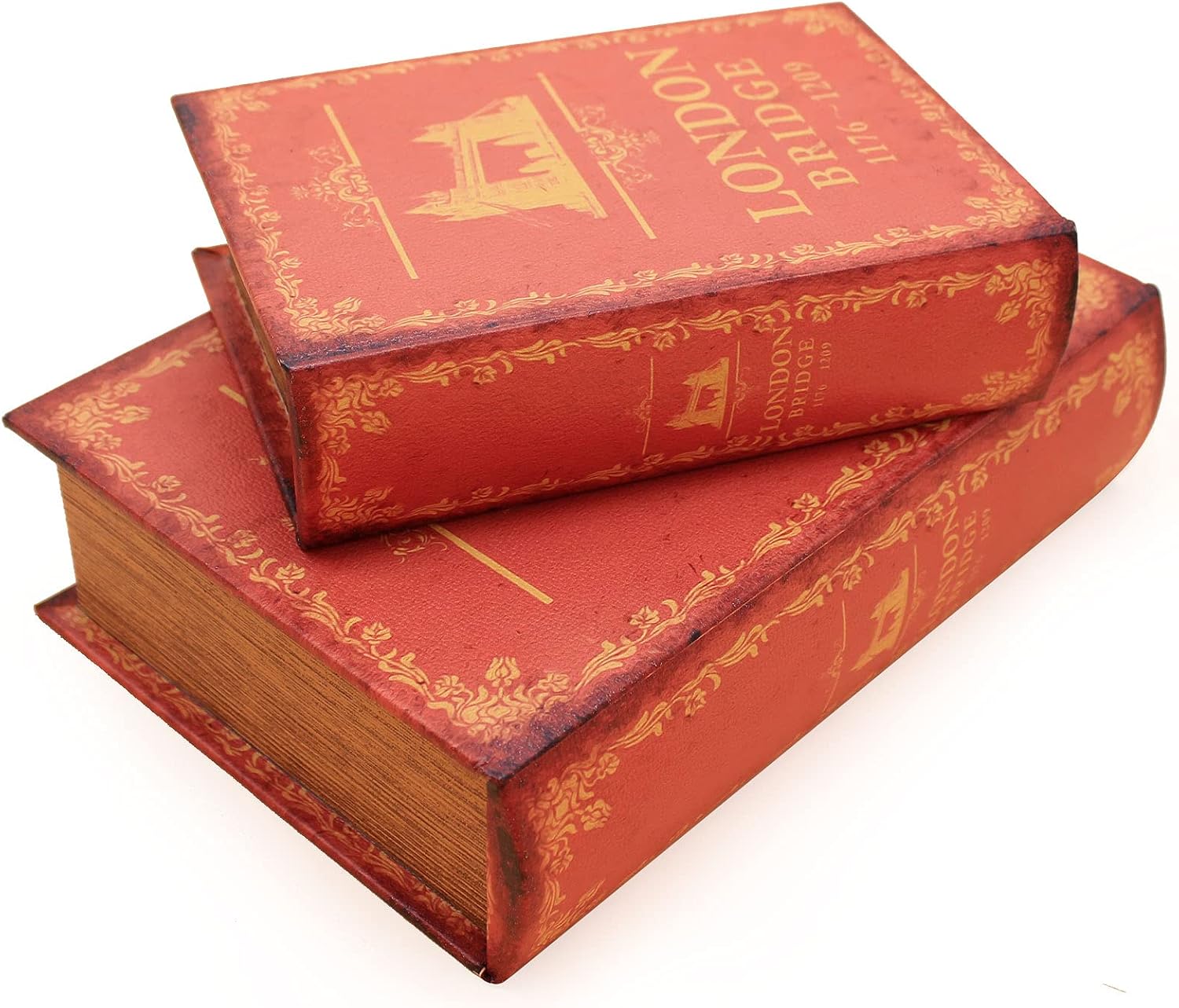 Decorative Book Box Antique Wooden Realistic Faux Wood Storage Set / London Bridge / Set of 2