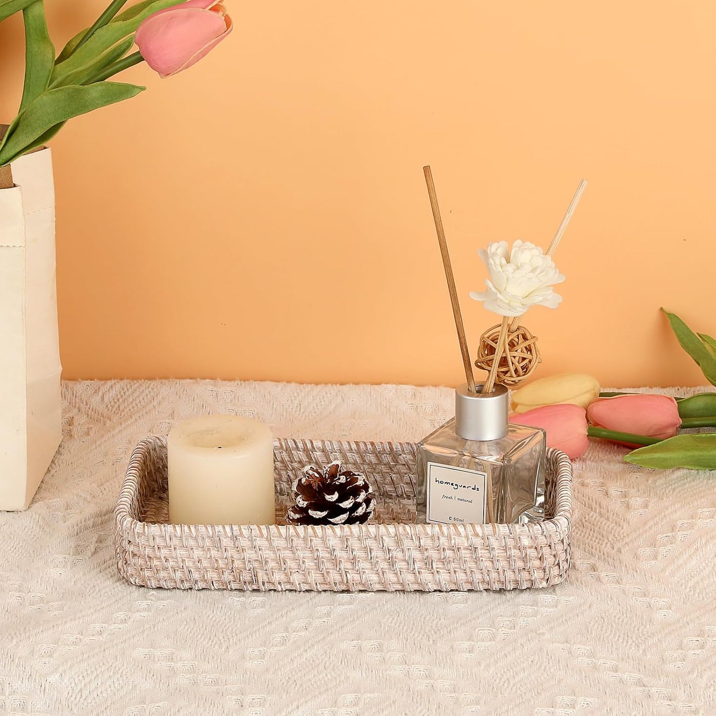 Rattan Key Tray Handwoven Wicker Baskets for Entryway Table Vanity / 8.3 x 4.7 x 1.6 / Whitewash