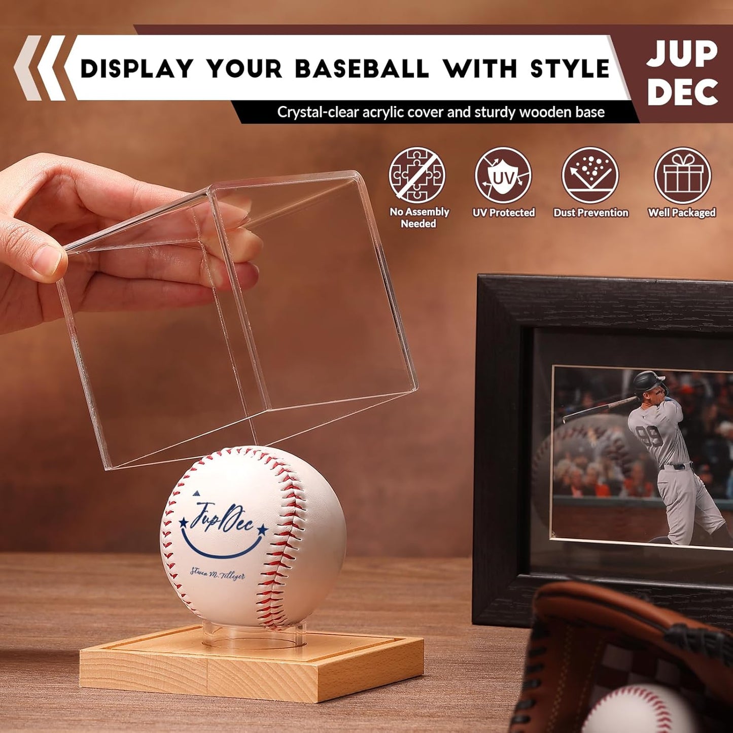 Baseball Display Case, Clear Cube Baseball Holder with Wooden Base, Autograph Baseball Stand Box for Single Ball, Pine