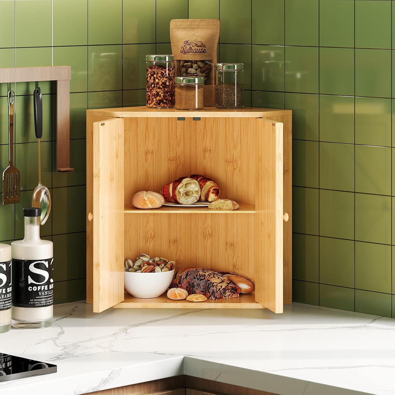 Trironsun Corner Bread Box for Kitchen Counter Double Layer Bamboo Bread Storage Container Large Capacity Bread Storage