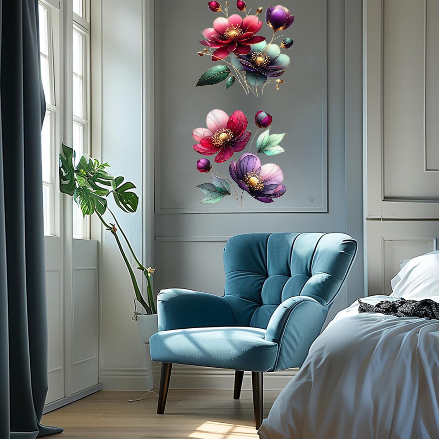 Boho Flower Wall Stickers Wildflower Floral Grass Peel and Stick Wall Stickers Living Room / Red