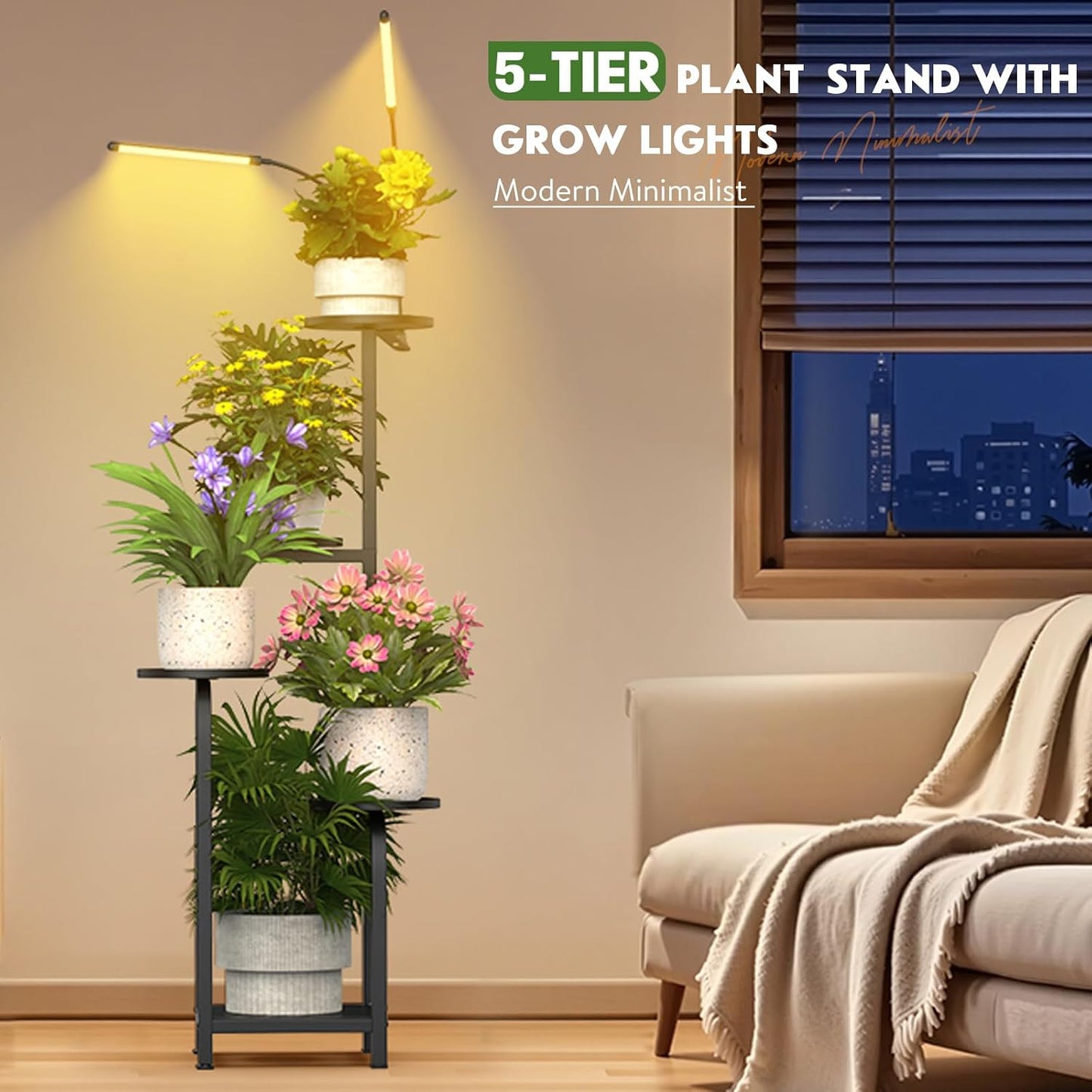 TOSKING Tall 5-Tier Metal Plant Stand with Grow Light for Indoor Corners | Black | Full-Spectrum Lighting | Adjustable