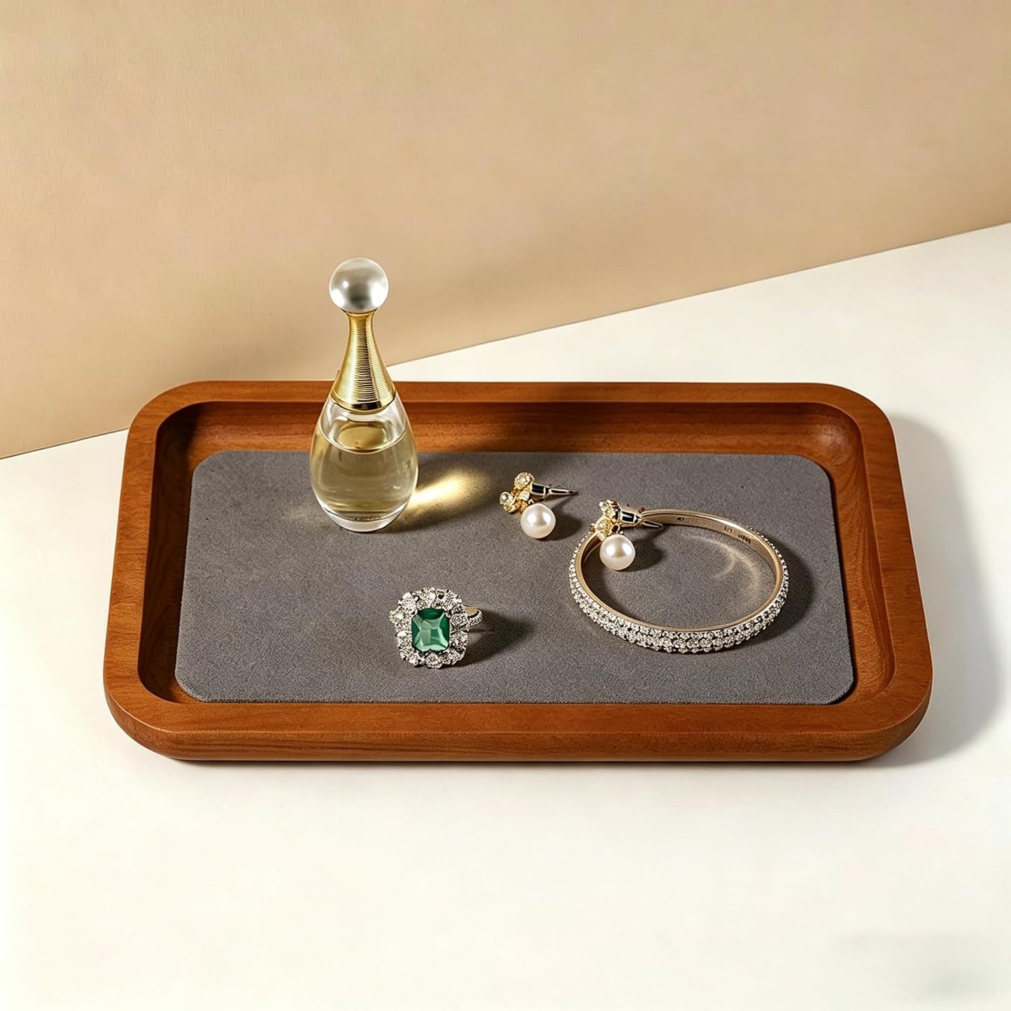 Wooden Jewelry Display Tray Rounded Rectangle Ring Showcase / Gray / Medium-w 3.9'' x H 0.6'' x L 7