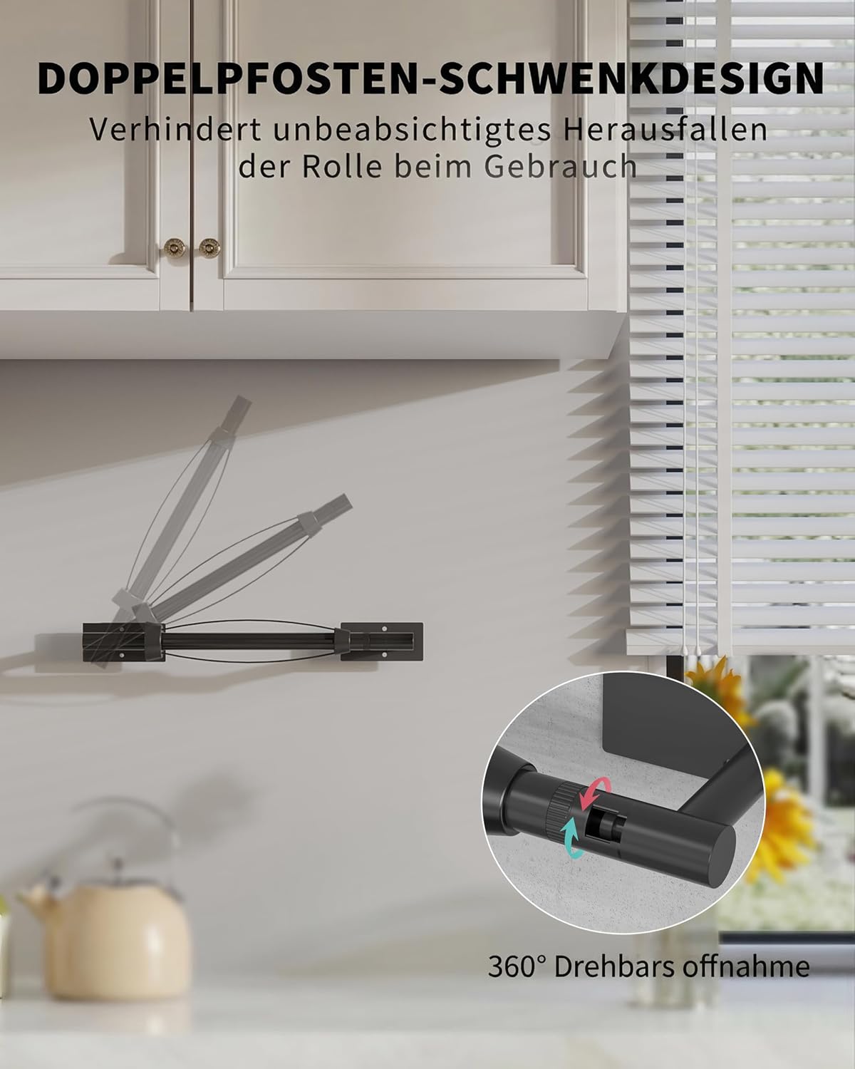 Black Paper Towel Holder Under Cabinet with Damping Self Adhesive | 304 Stainless Steel Post Pivoting Design Wall