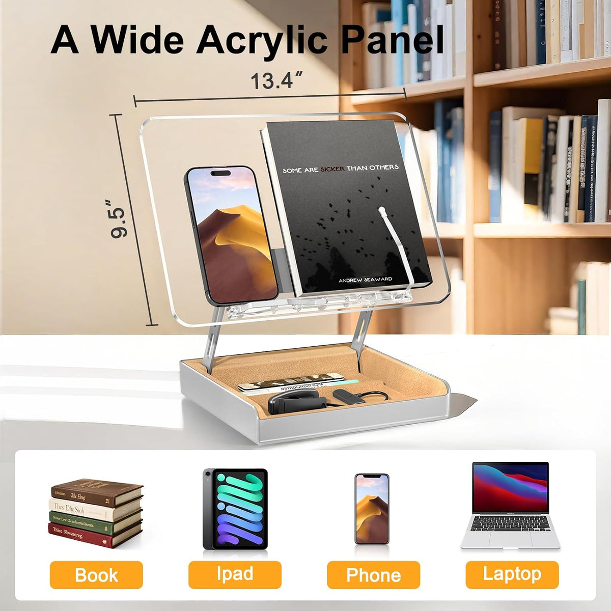 Book Stand with Storage, Book Holder for Reading Hands Free | Wooden Cookbook Stand for Kitchen Counter, Adjustable