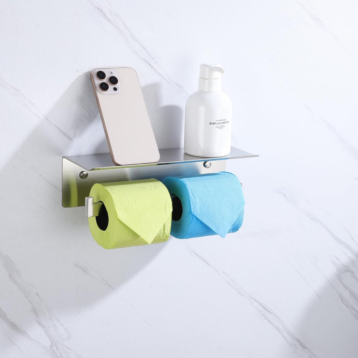 LANC Double Toilet Paper Holder with Shelf, Brushed Nickel Commercial Toilet Tissue Roll Dispenser with Phone Shelf 304