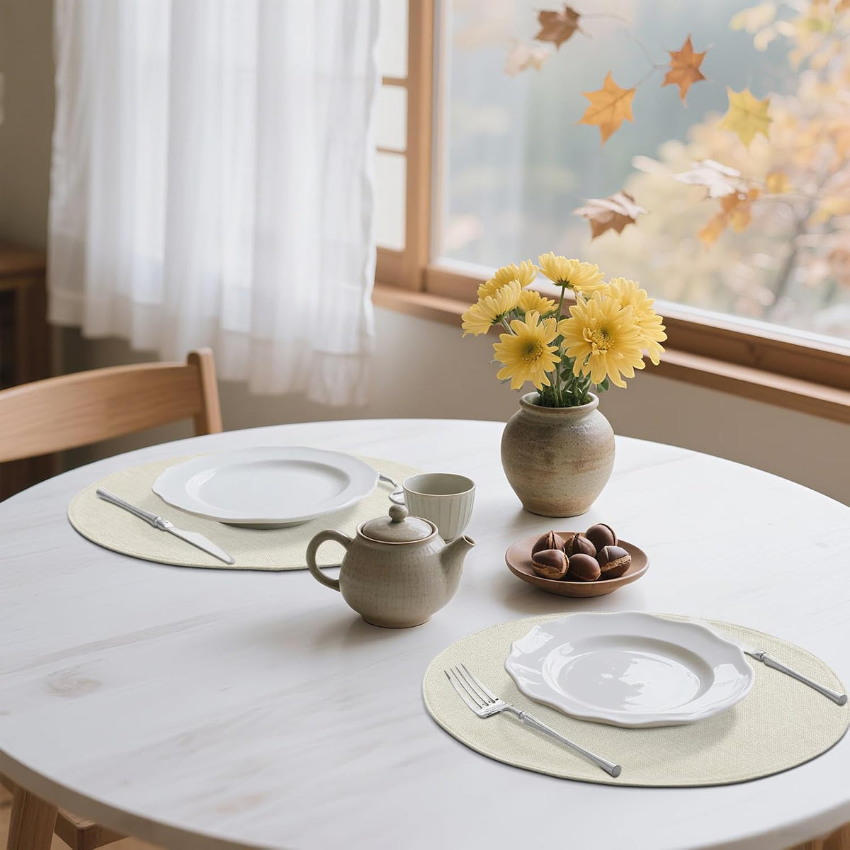 Cotton Linen 15 Inch Round Cloth Place mats, Set of 6, Cream | Washable Table Mats, Heat Resistant, Reversible