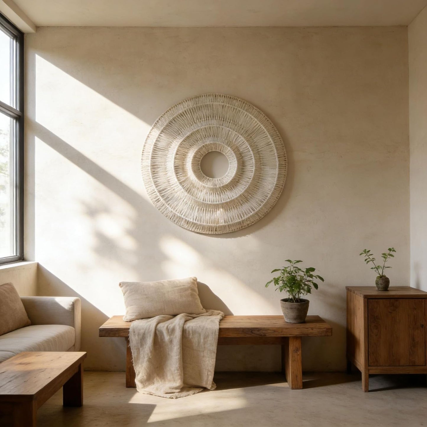 3D Round Boho Wall Basket. Large Rustic Wall Art / Beige