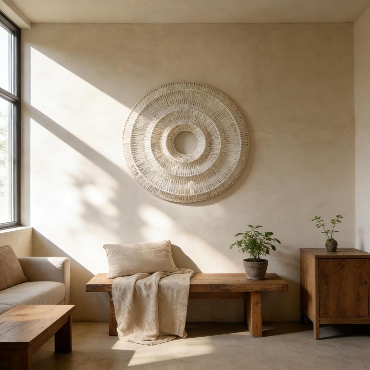 3D Round Boho Wall Basket. Large Rustic Wall Art / Beige