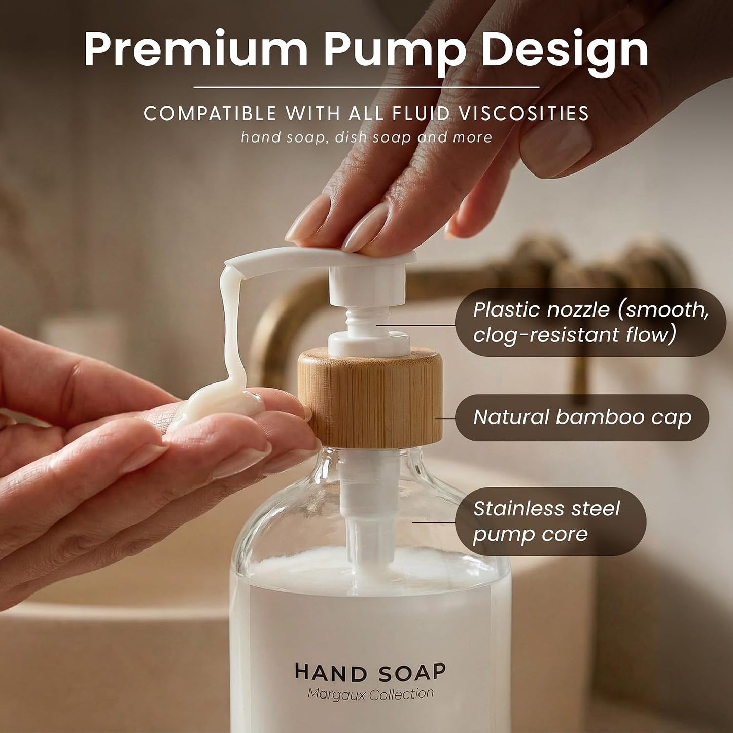 Maisonovo Dish Soap Dispenser Set - Clear Soap Dispenser White Bamboo Pumps | Glass bottles for body wash, lotion