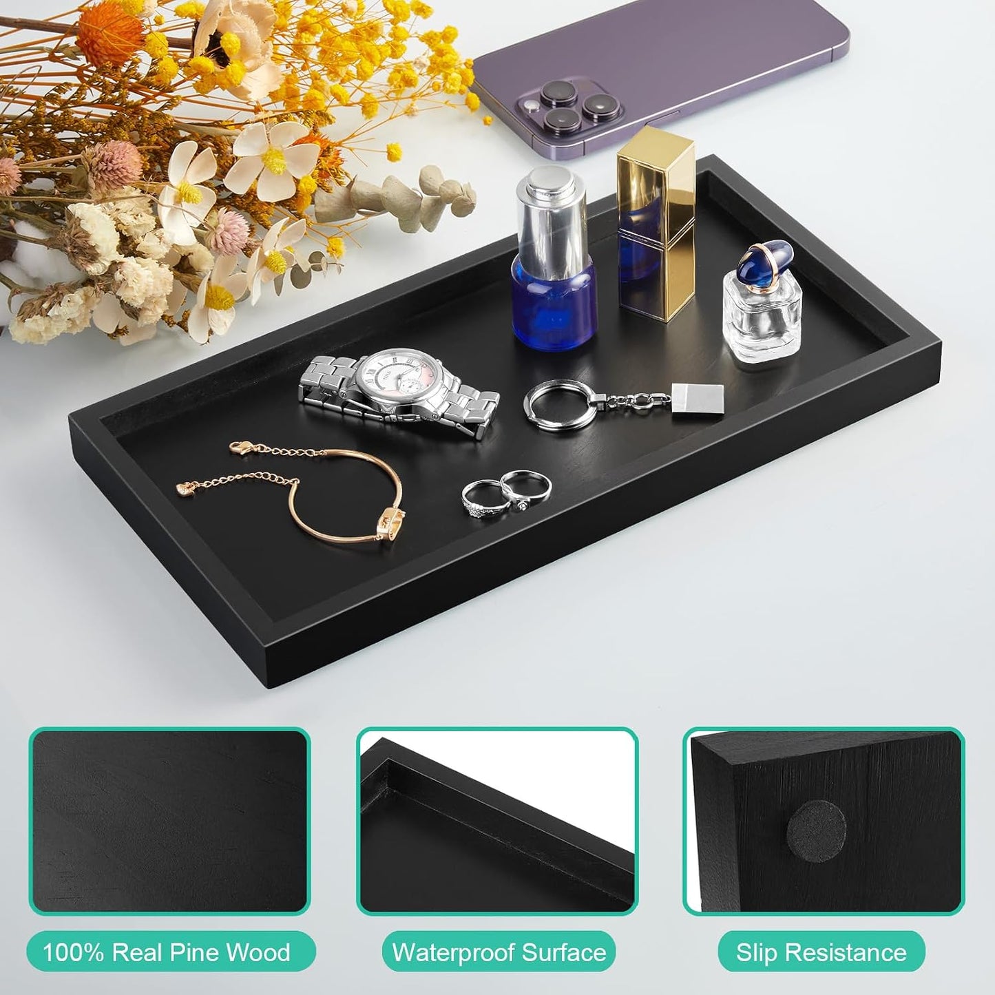 Wood Decorative Tray for Toilet Tank Makeup Perfume Jewelry / 6 x 0.8 x 11.7 / Black