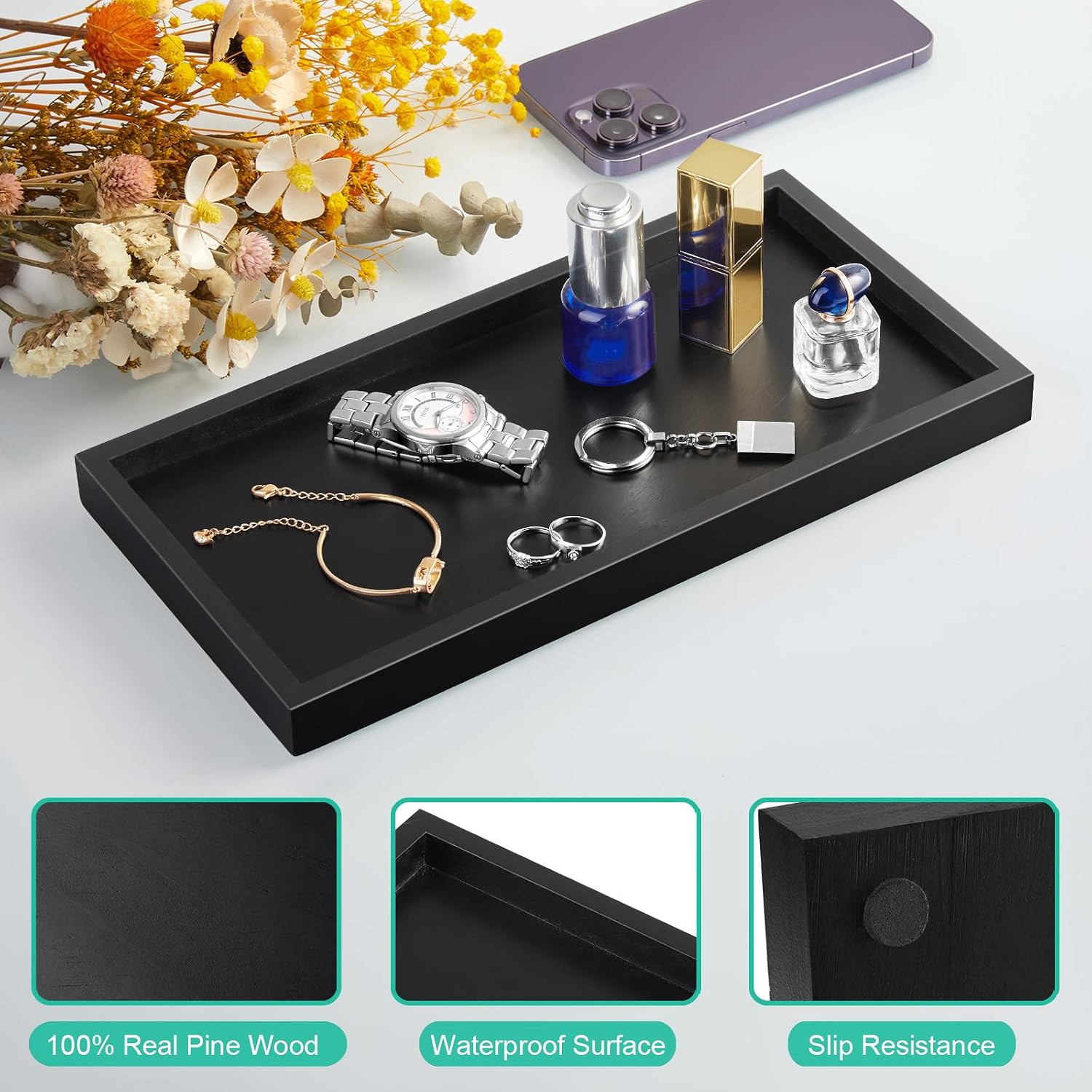 Wood Decorative Tray for Toilet Tank Makeup Perfume Jewelry / 6 x 0.8 x 11.7 / Black