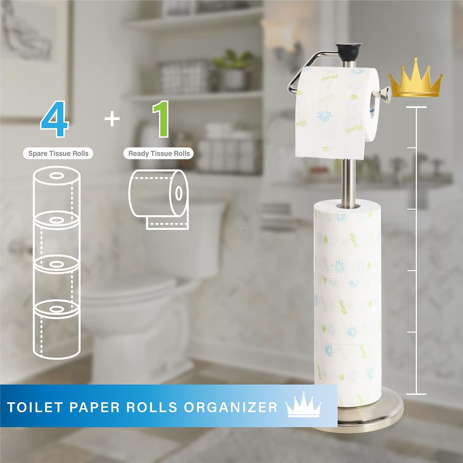 Toilet Paper Holder with Storage - Free Standing Tissue Dispenser - Nickel Finish - Holds up to 5 Mega Rolls - No Tools