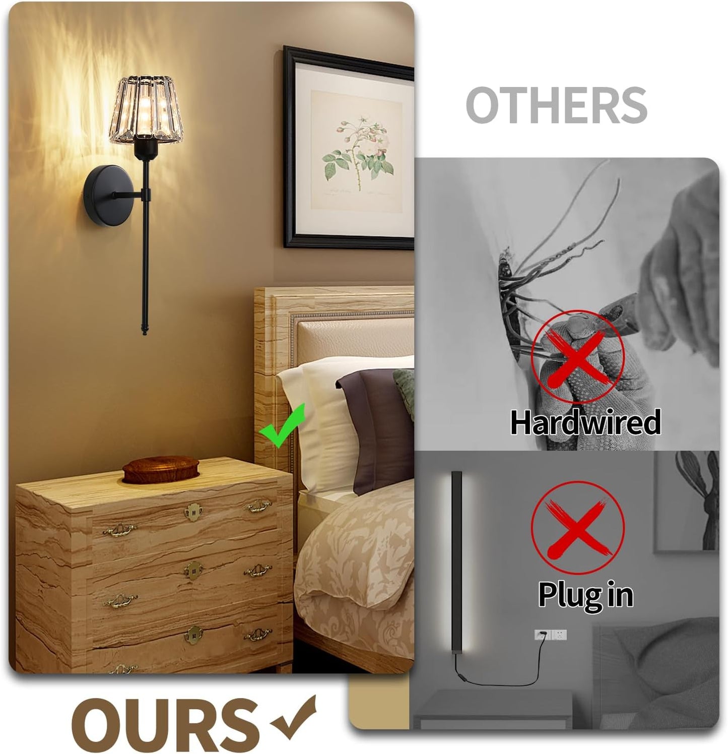 Battery Operated Crystal Wall Sconce Set of 2, Black Rechargeable Wireless Wall Sconces with Remote Dimmable 12 Colors