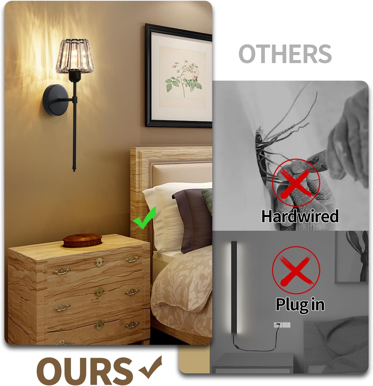 Battery Operated Crystal Wall Sconce Set of 2, Black Rechargeable Wireless Wall Sconces with Remote Dimmable 12 Colors