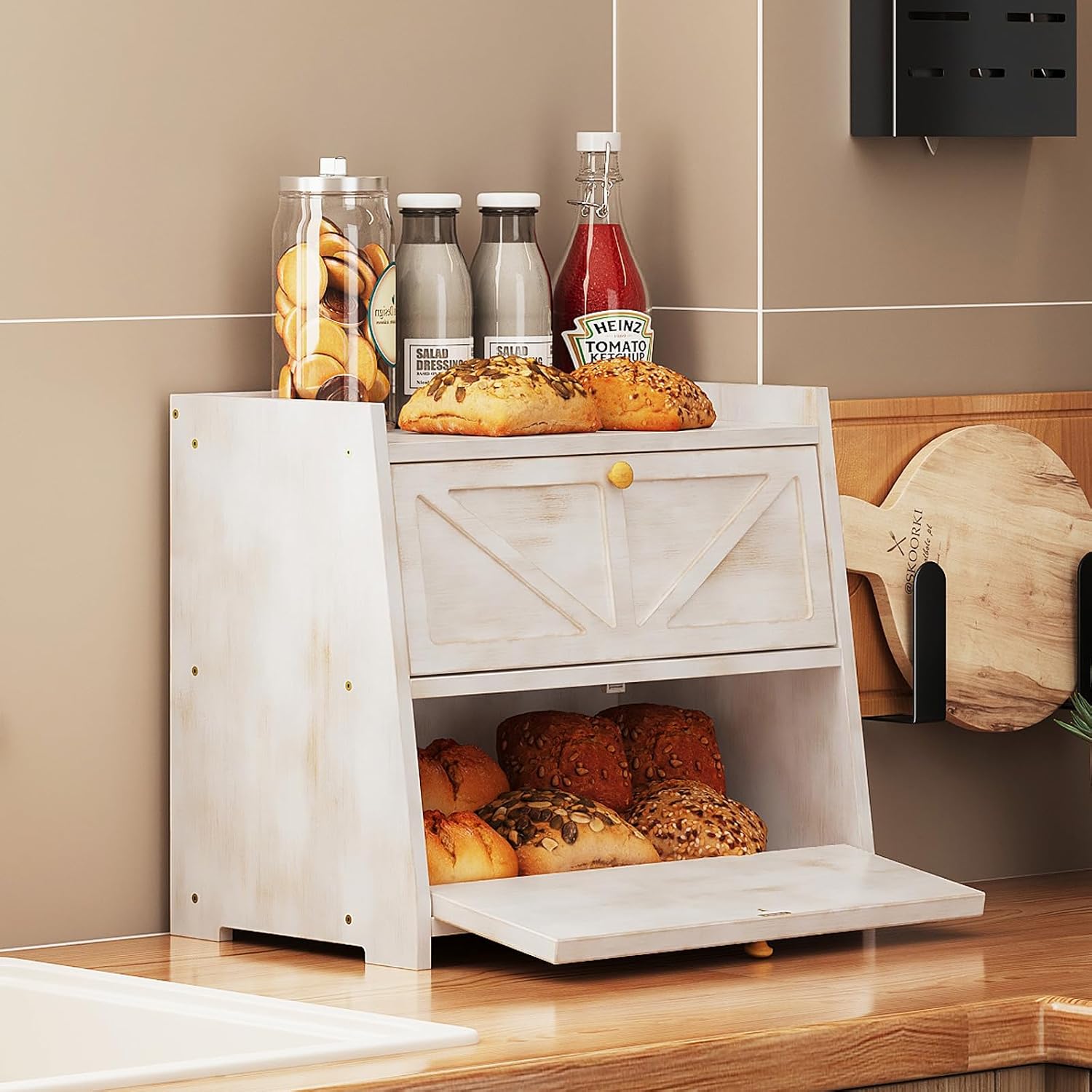 Trironsun Vintage Double Layer Bread Box for Kitchen Counter Bamboo Bread Storage Container Large Capacity Bread