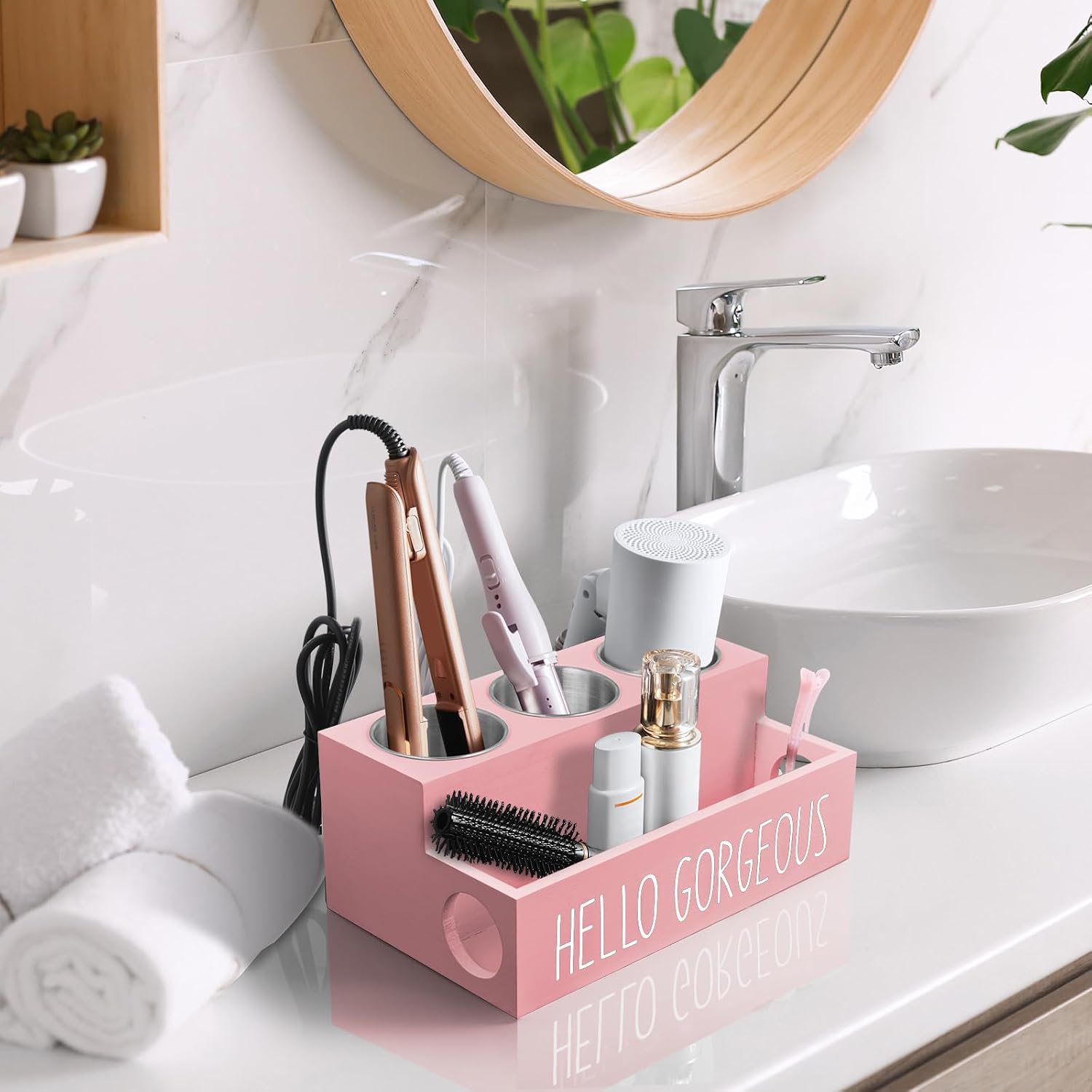 Bivvclaz Hair Tool Organizer, Wooden Hair Dryer Holder Countertop, Wall Mount Hot Tools Organizer for Hair Styling