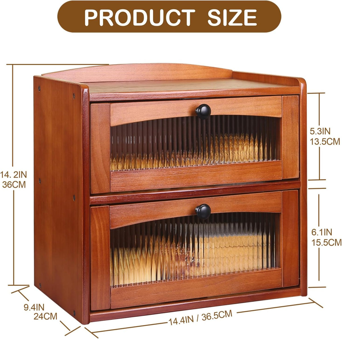 Large Wooden Bread Box for Kitchen Countertop, 2-Tier, Teak | Clear Acrylic Window Spacious Bread Storage Farmhouse