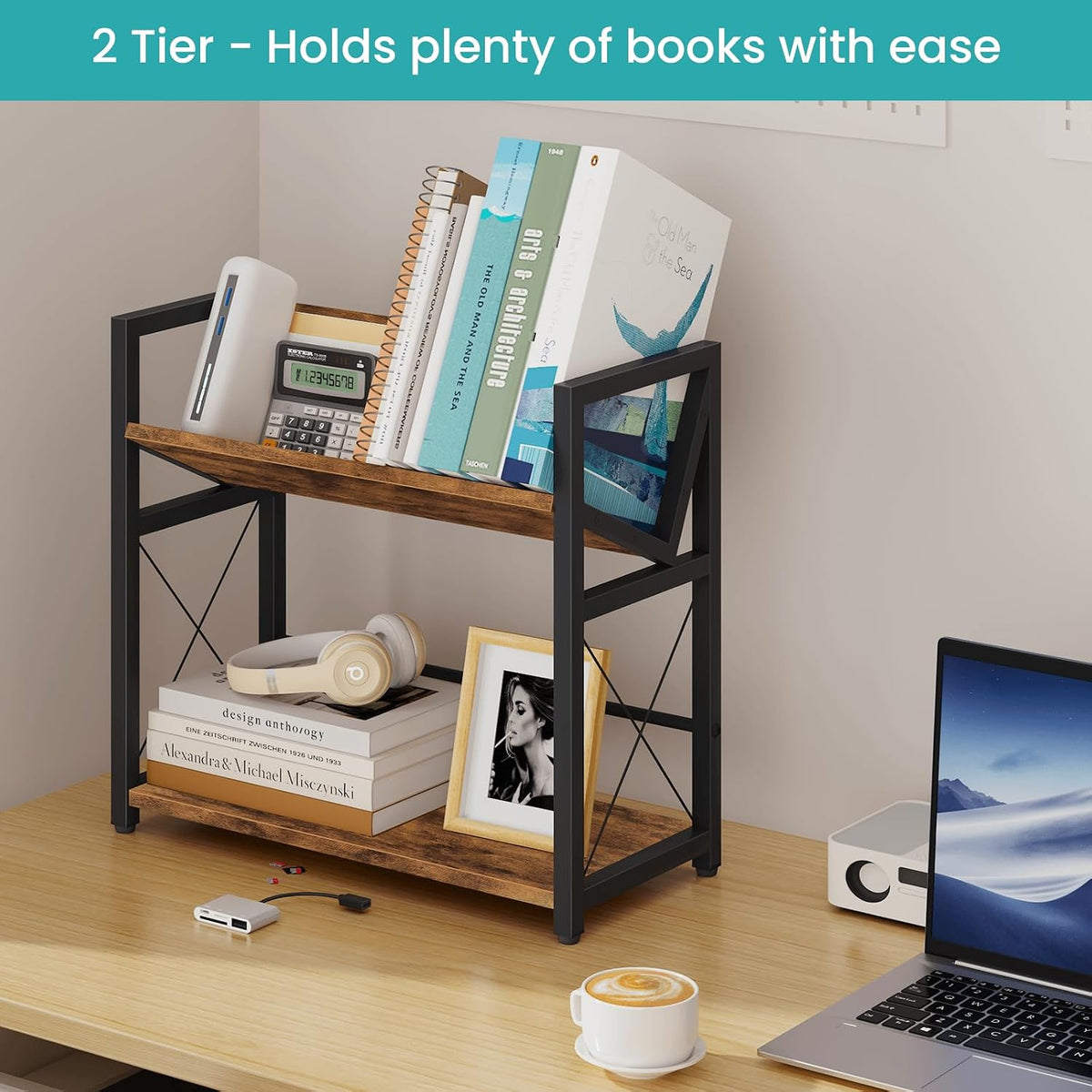 ELITEROO Desktop Bookshelf, 2 Tier Desk Shelf Organizer, Wooden Tabletop Bookcase, Small Desk Top Book Rack for Office