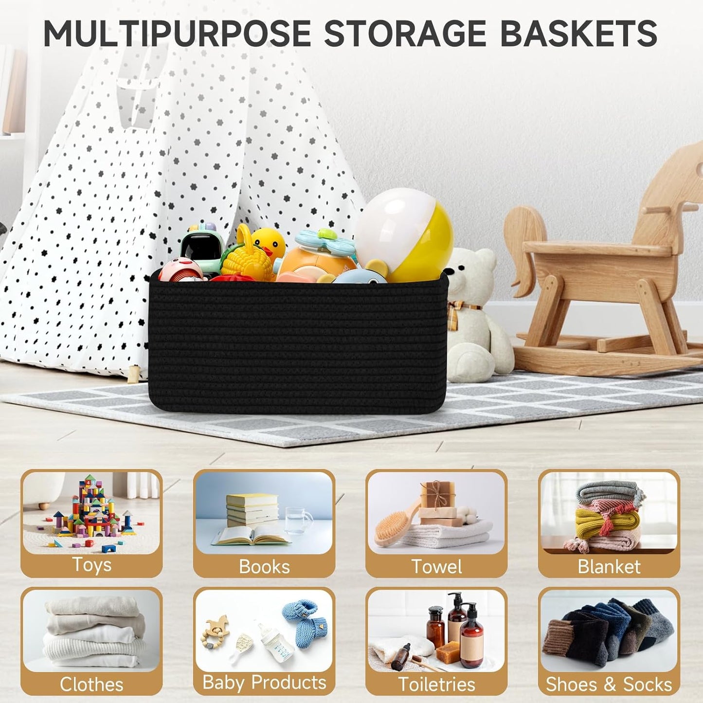 Woven Shelf Toy Basket / 11.8"lx7.8"wx5.1"h / Black / Set of 3