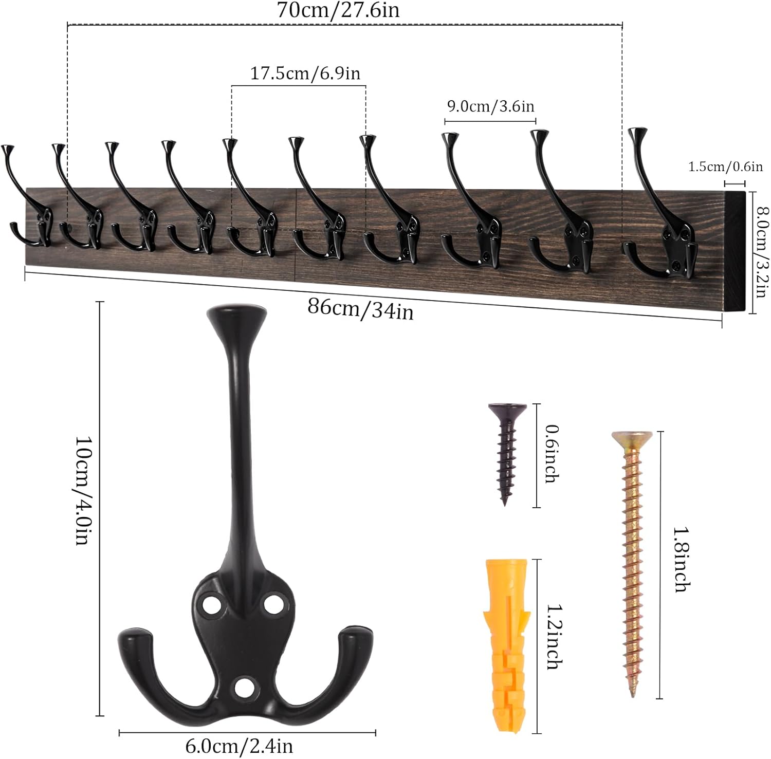 Rustic Coat Hooks Rail / Old Wood Plate & Black Tri-hook / 1 Item-10 Hooks