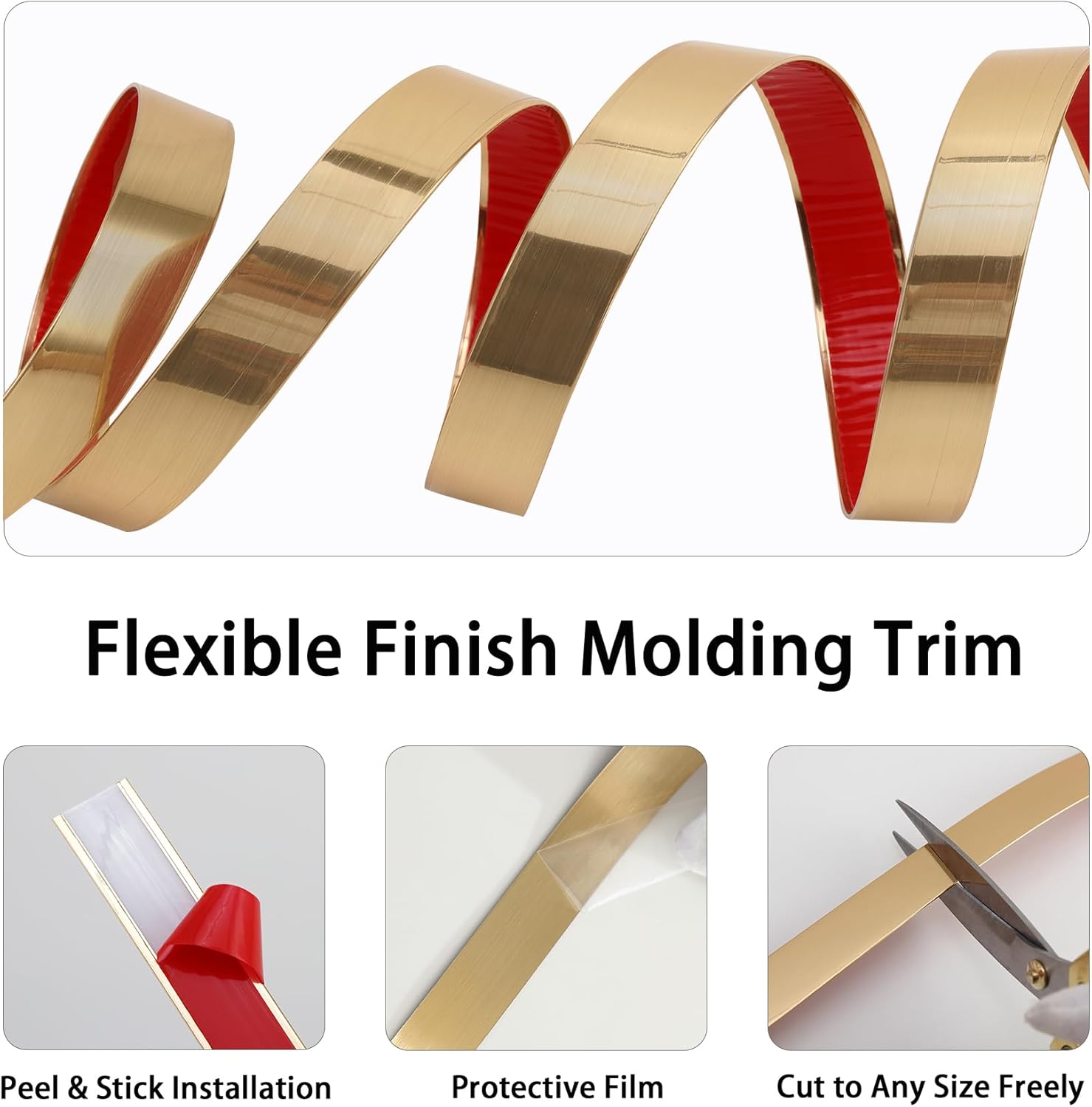 Peel and Stick Finish Molding Trim / 16.4ft x 0.8in / Brushed Gold