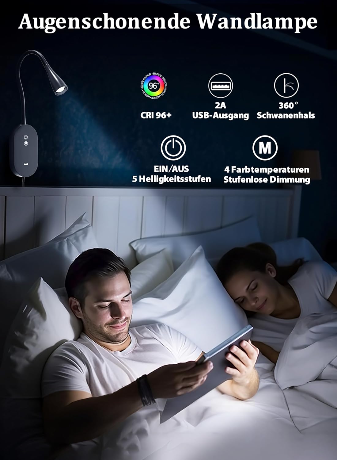 Wall Reading Light for Bed, CRI95+ LED Lamp,USB Charging,Memory Black | Comfortable bedside lighting with natural