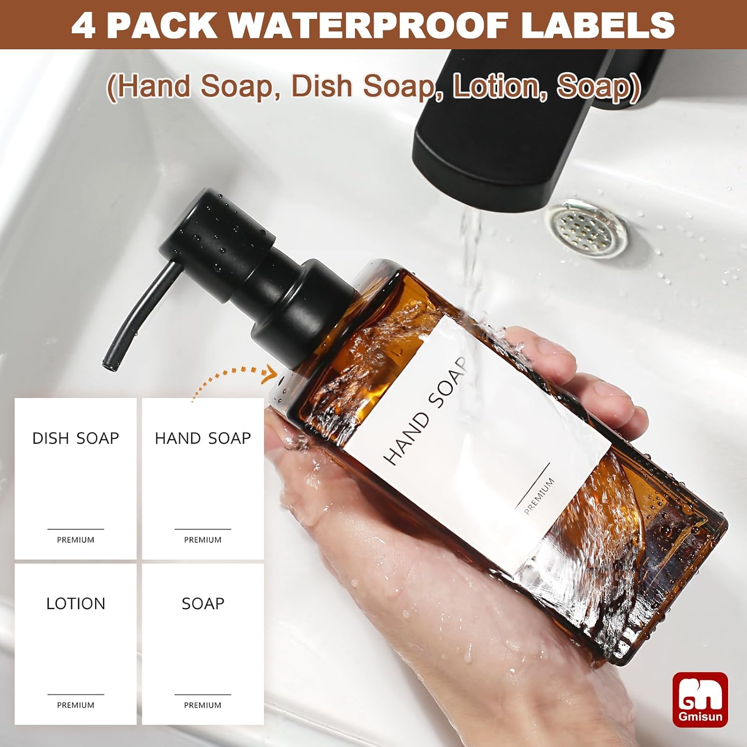 GMISUN Amber Glass Soap Dispenser, 2 Pack Hand Soap Dispenser Bathroom, 12 fl oz/350ml Dish Dispenser Set for Kitchen
