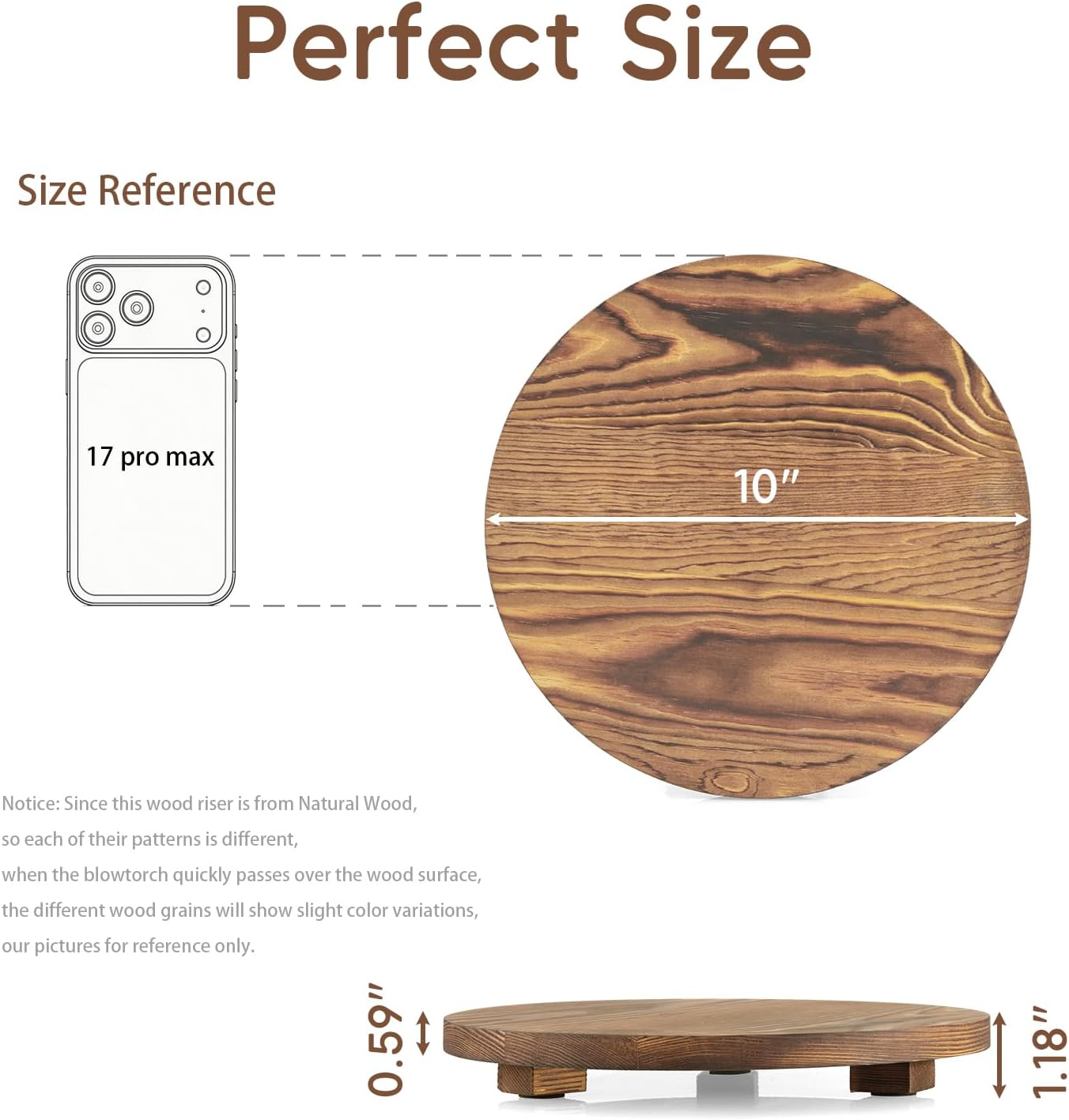 Round Decorative Tray Burnt Wood Bathroom Counter Organizer Pedestal Stand / Brown / Set of 10