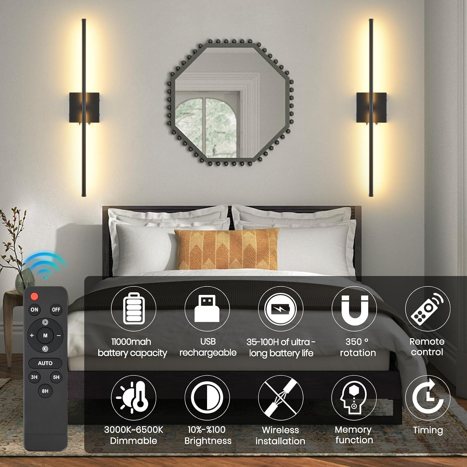 Battery Operated Wall Sconces with Remote Control, 11000mAh LED Wireless Rechargeable Black Wall Lights, 350°Rotate