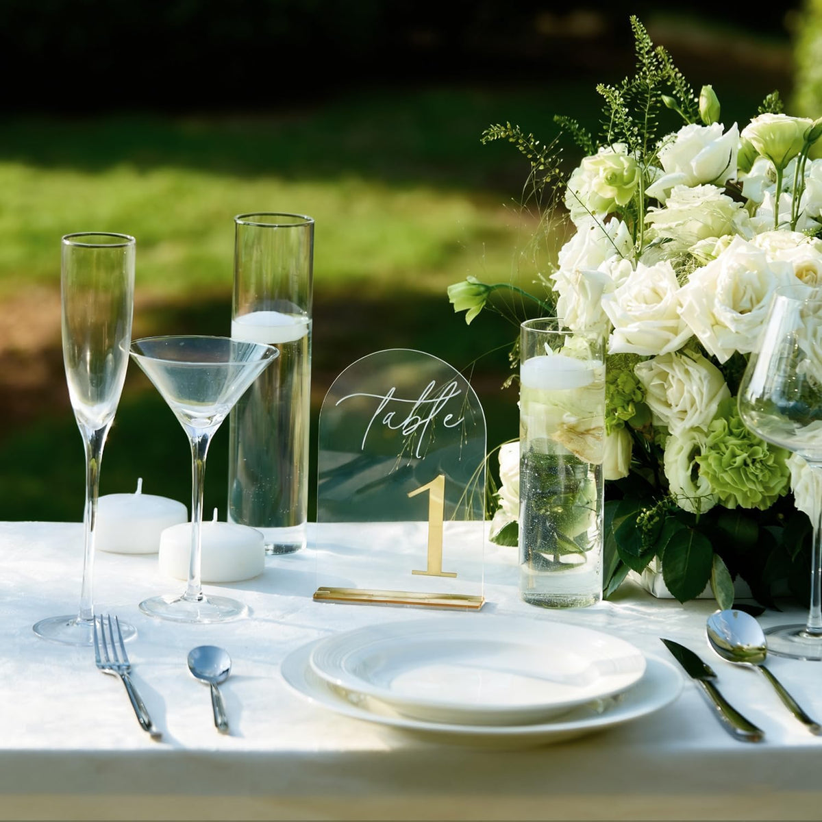 Crystal Clear Acrylic Wedding Table Numbers 31-50 Set, Self-Standing Modern Arched Wedding Signs for Reception Seating