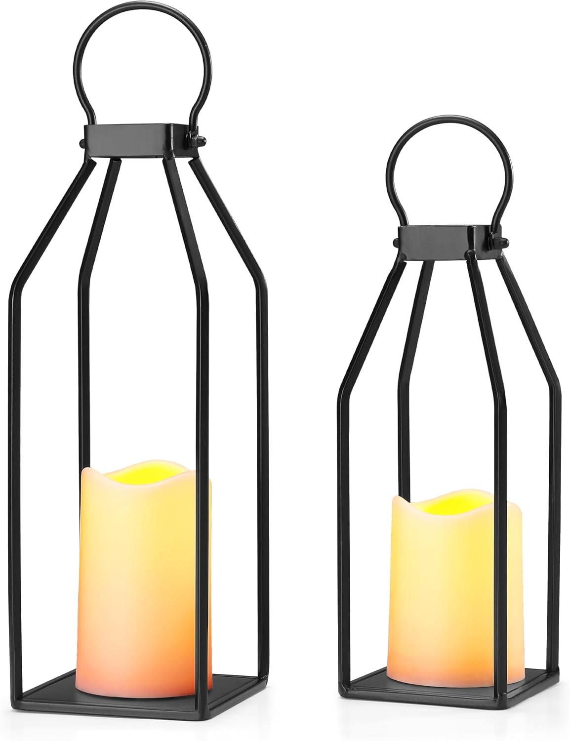 Perfnique Modern Farmhouse Lantern Decor, 15'' 13'' Set of 2 Black Metal Lantern, 2 LED 6hr Timer Flameless Candles ＆