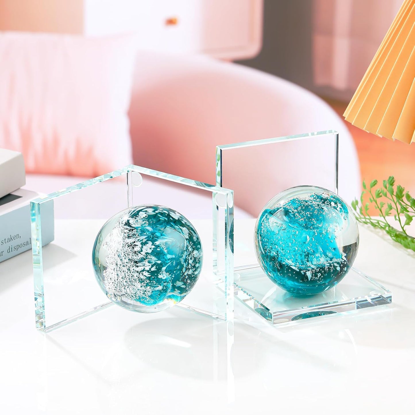 Hand Blown Ocean Waves Ball Glass Decorative Non Skid Bookends / Dark Green