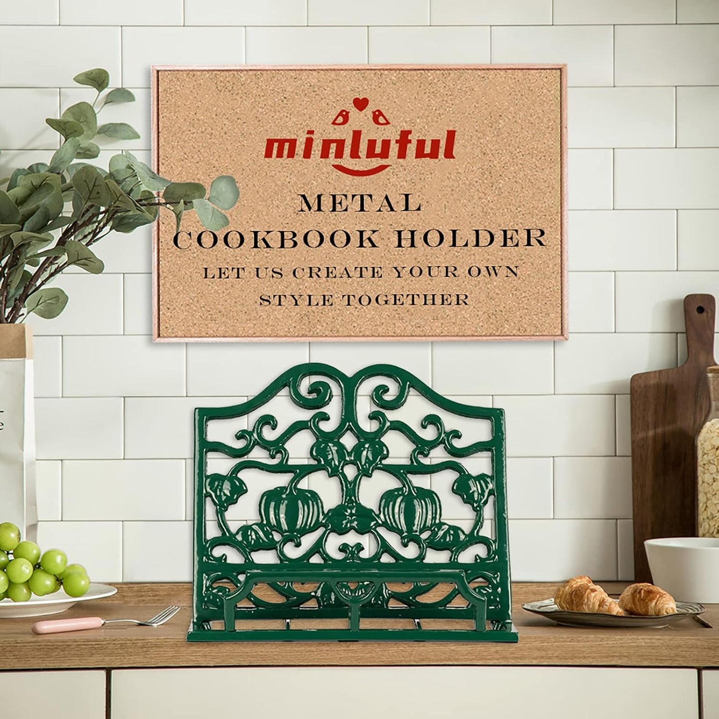 Vintage Cookbook Stand, Durable Wrought Cast Iron Recipe Book Holder for Kitchen Counter, Large Metal Cook Book Stand