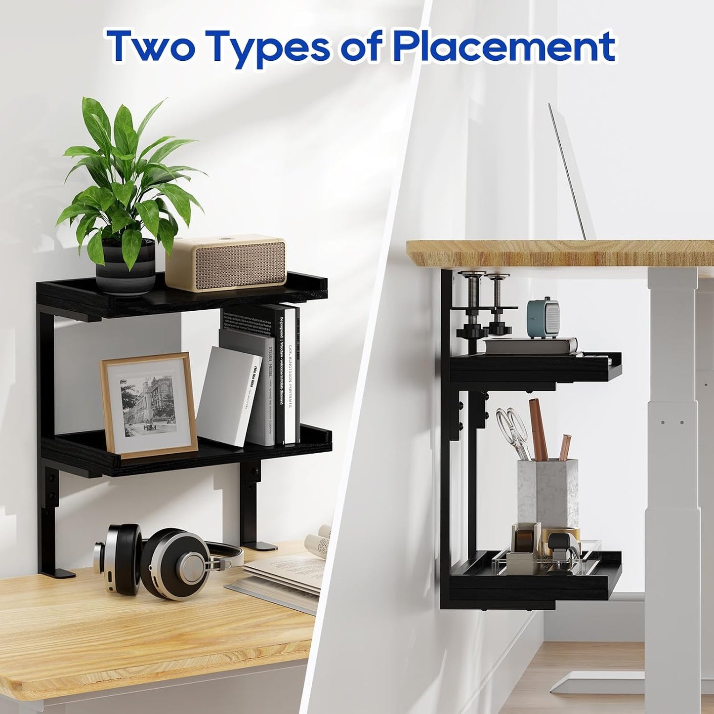 Clamp On Desk Shelf 2-Tier, 12.6 inche Wood Shelving Unit for Office Desk/Gaming Accessories, Tabletop Book Storage