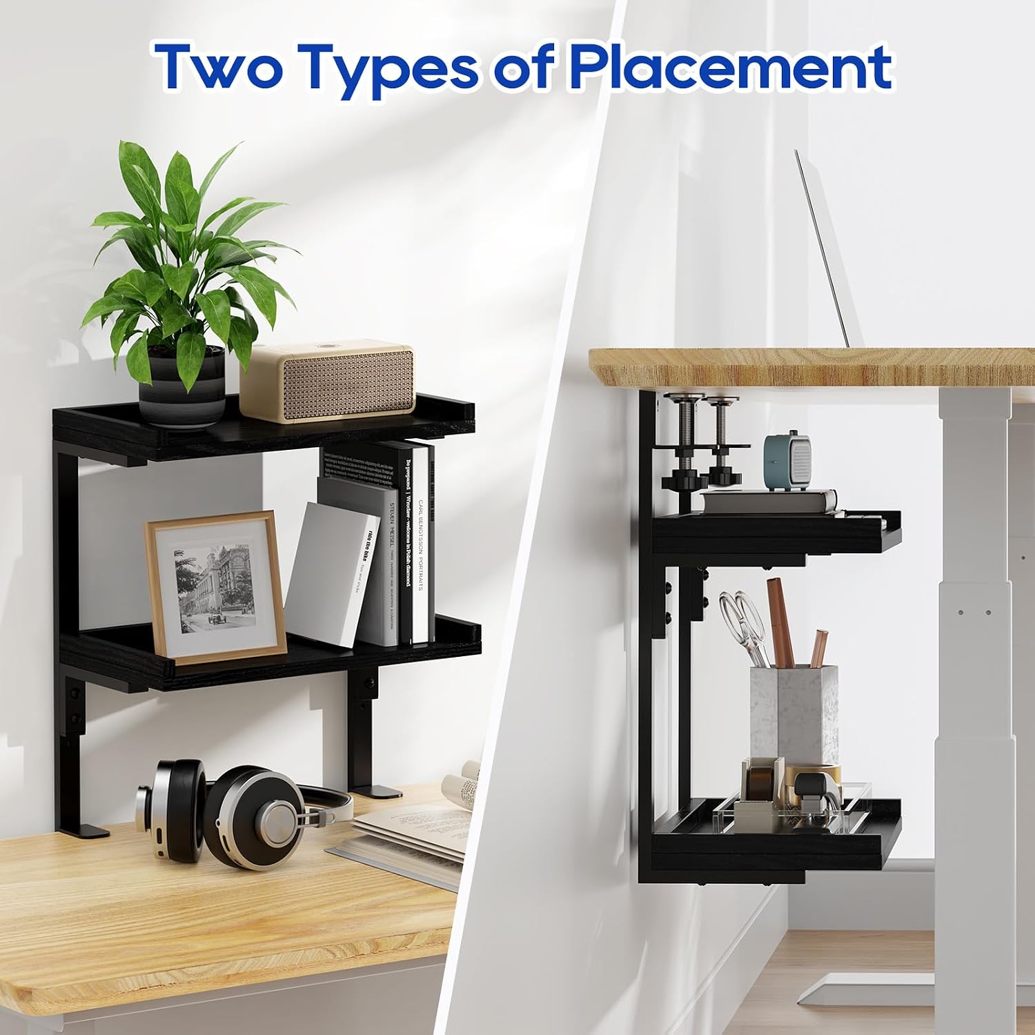 Clamp On Desk Shelf 2-Tier, 12.6 inche Wood Shelving Unit for Office Desk/Gaming Accessories, Tabletop Book Storage
