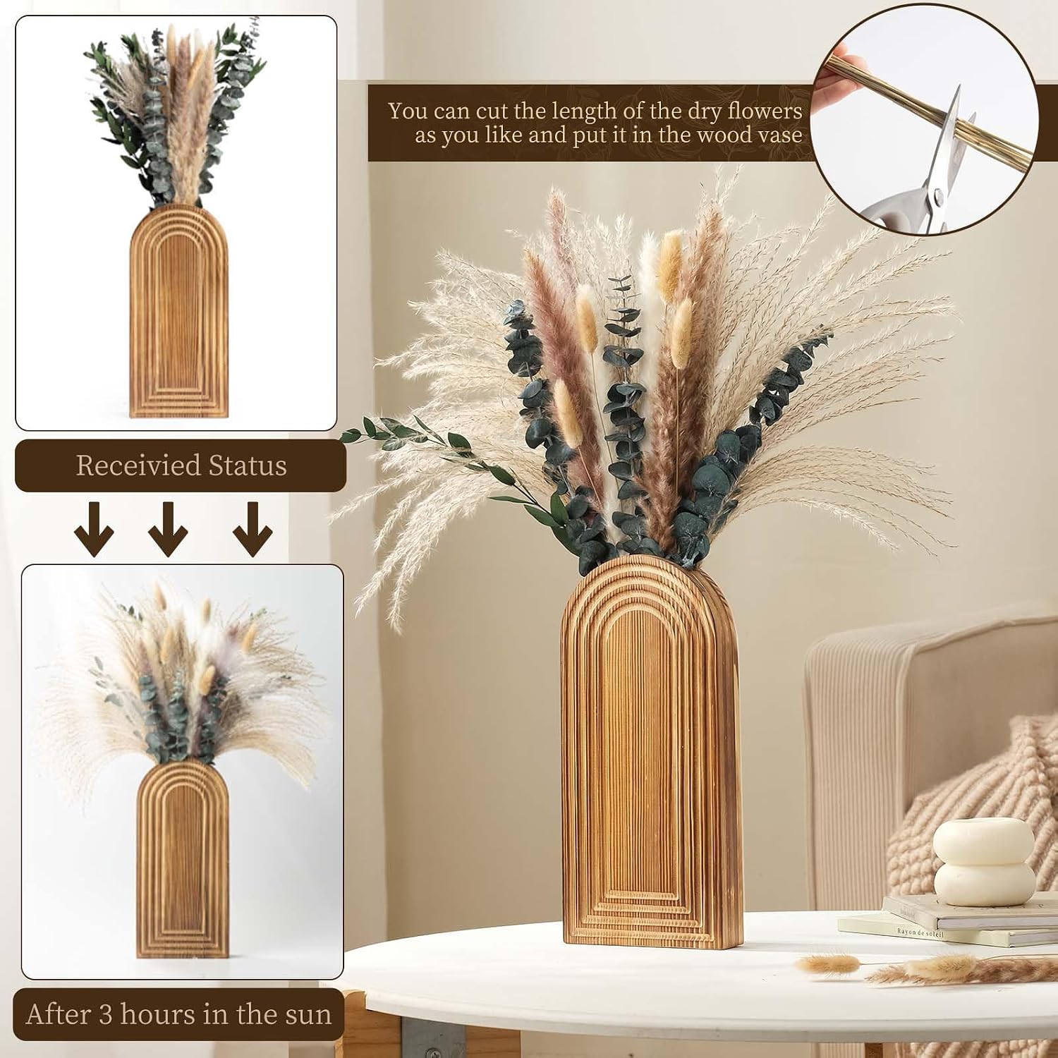 Wooden Wall Vase Set / Brown with Dry Flowers / Set of 2