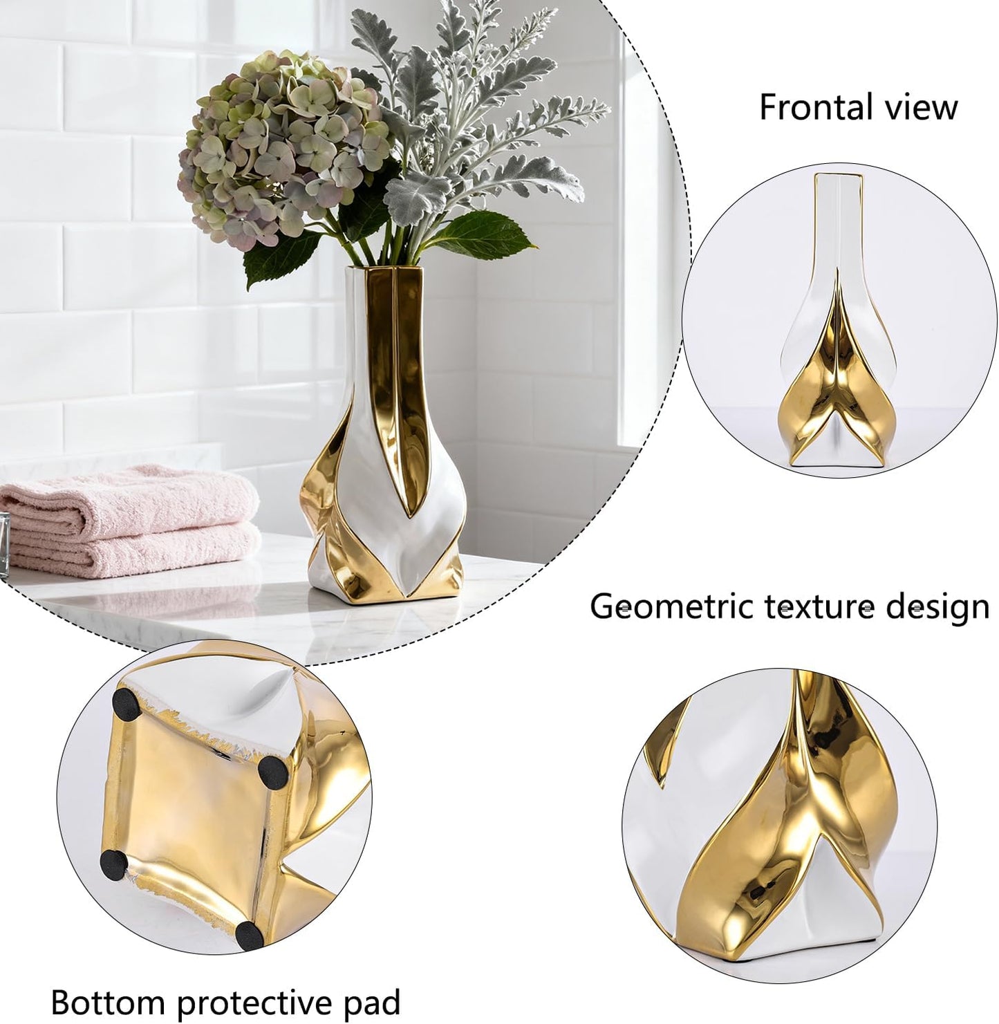 10.6" White and Gold Ceramic Vase / White Gold