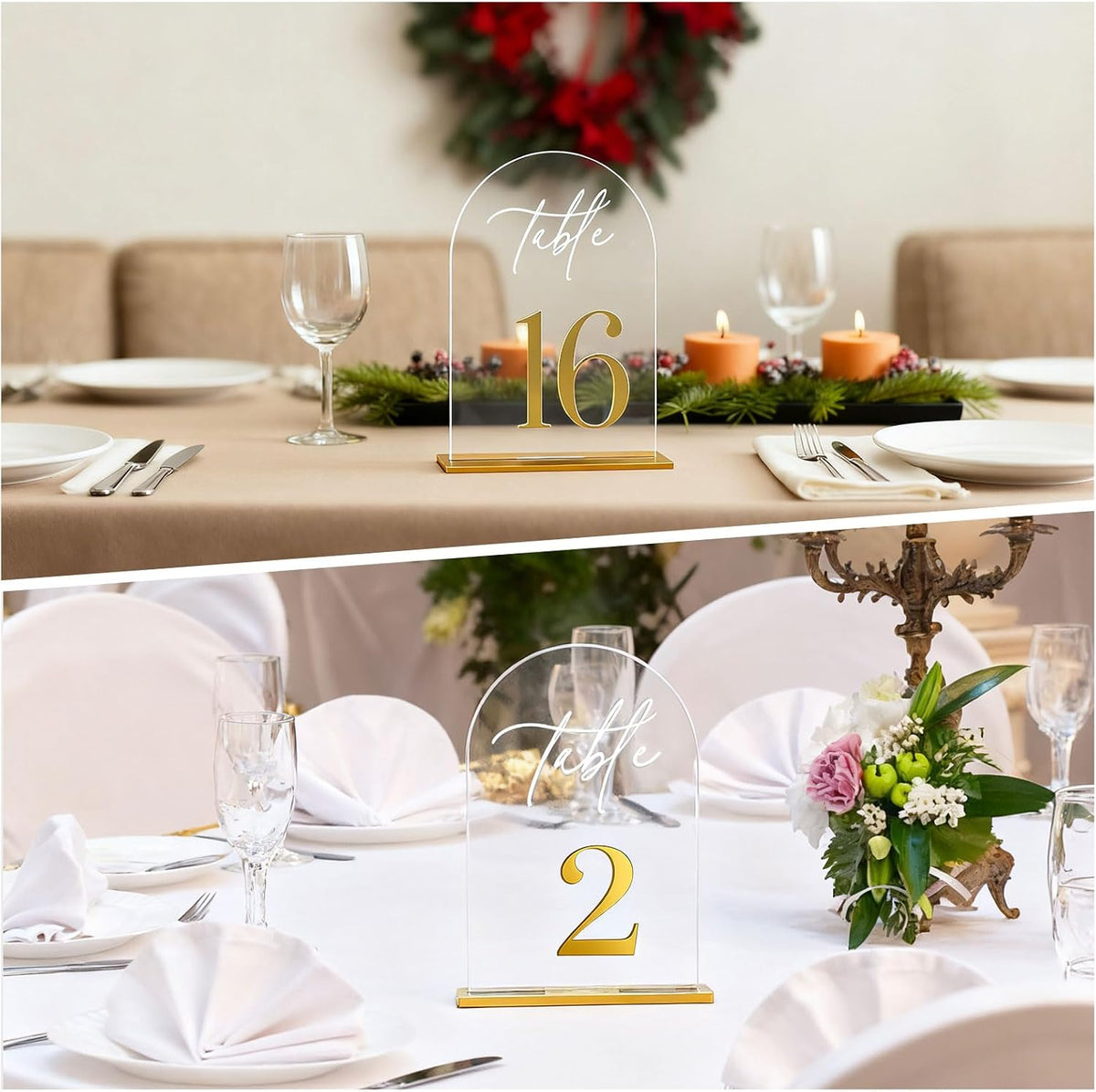 1-20 Arch Acrylic Wedding Table Numbers with Stands 5x8 Inch Signs | Transparent acrylic, golden letter print, sturdy