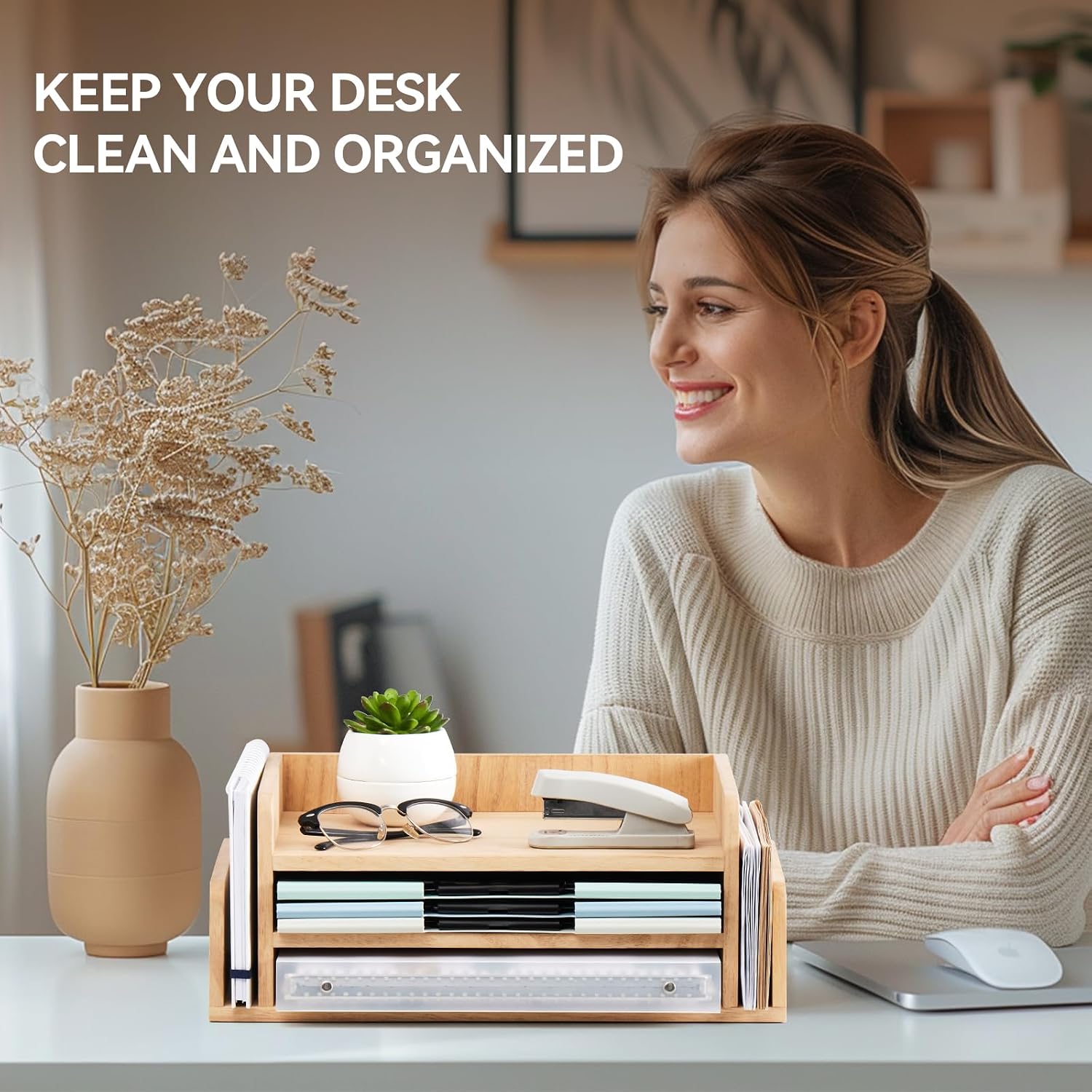 KIRIGEN Wood Desk Organizer, 5-Tray Letter Tray and Mail Sorter Natural 2TP | Solid Wood 3-Tier Desktop Organizer with